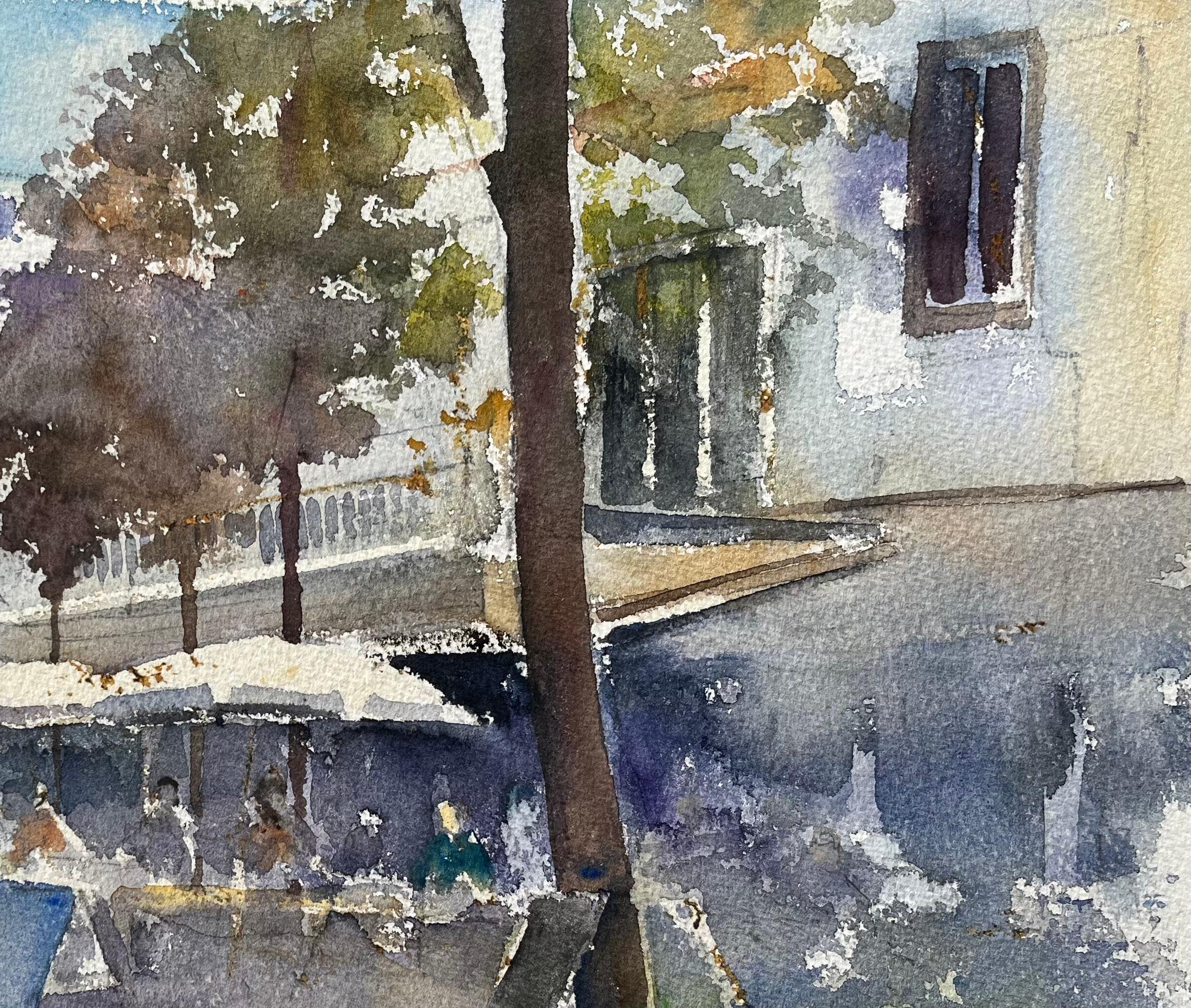 Titre : Aquarelle impressionniste britannique d'un café animé à l'ombre d'une place ensoleillée
par Anthony Avery (britannique 1946-2023)
Aquarelle originale sur papier d'artiste, non encadrée
Dimensions : 11.25 x 15.5 pouces (Hauteur x