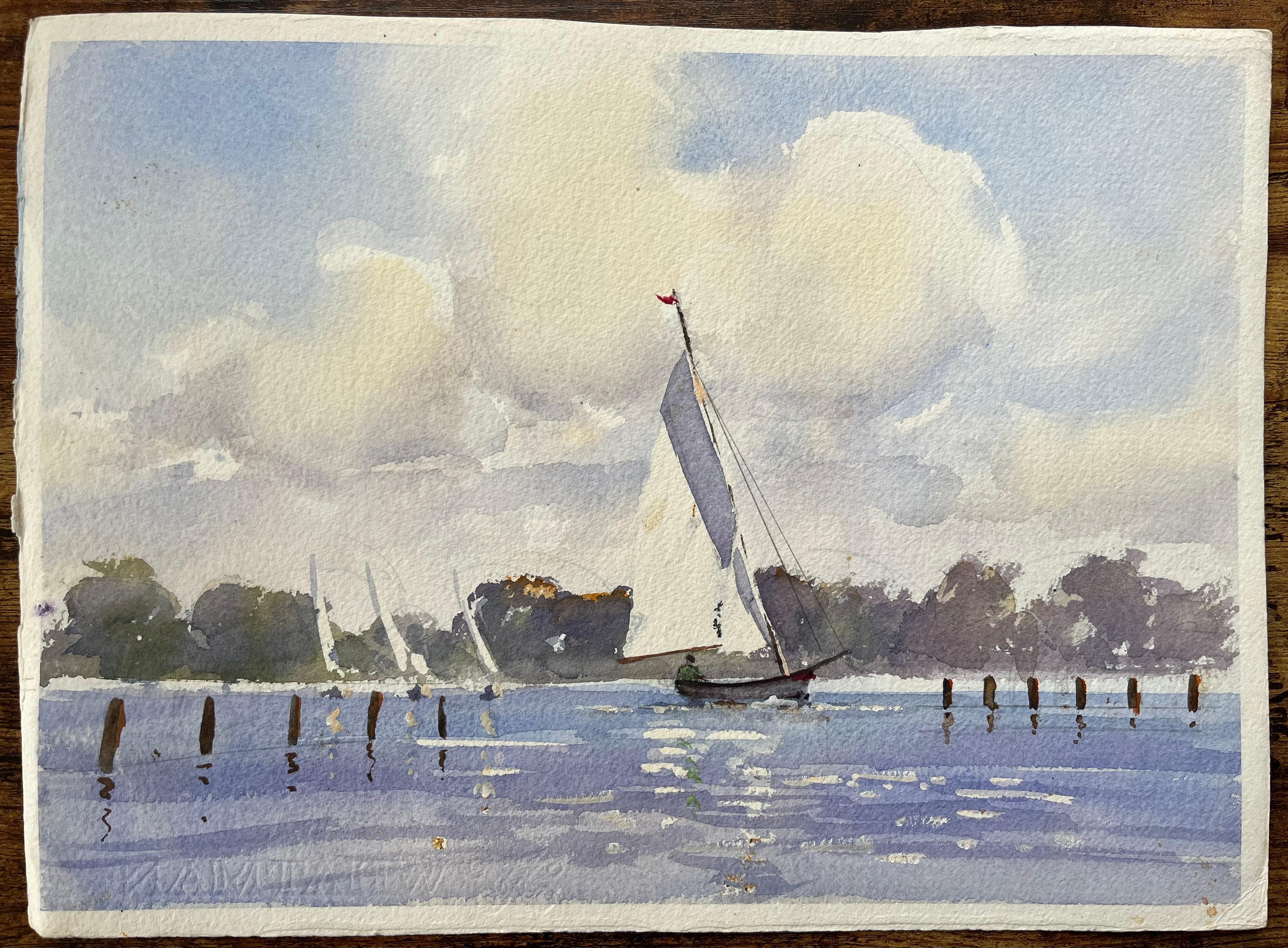 Aquarelle impressionniste britannique représentant un café animé à l'ombre d'une place ensoleillée en vente 1