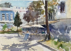 Aquarelle impressionniste britannique représentant un café animé à l'ombre d'une place ensoleillée