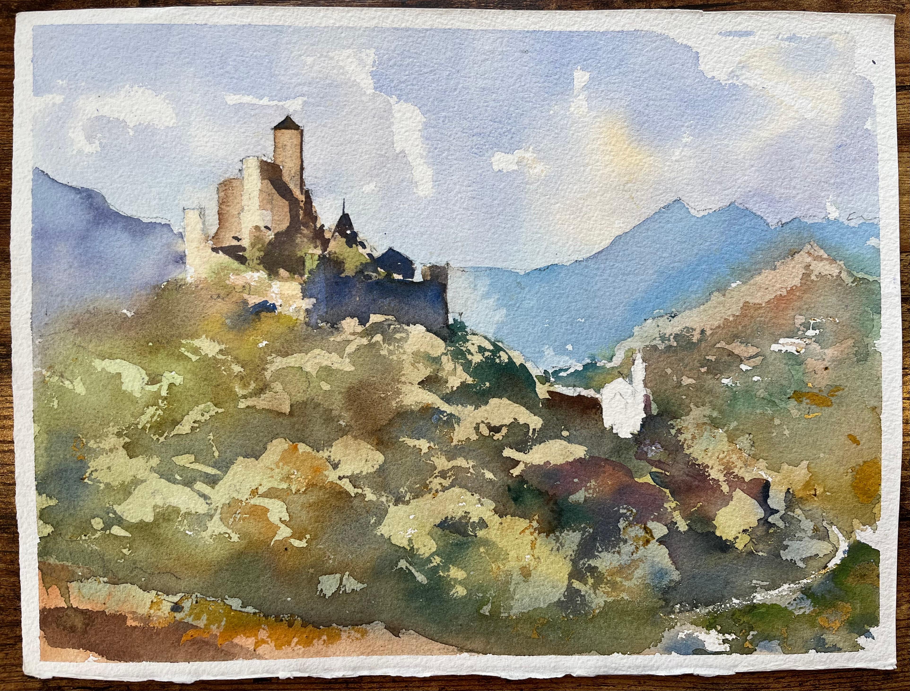 British Impressionist Watercolor of Castle on a Hilltop with Mountain Backdrop - Painting by Anthony Avery