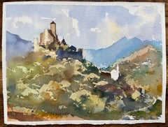 Britisches impressionistisches Aquarell eines Schlosses auf einem Hügel mit Bergrückwand, British Impressionismus