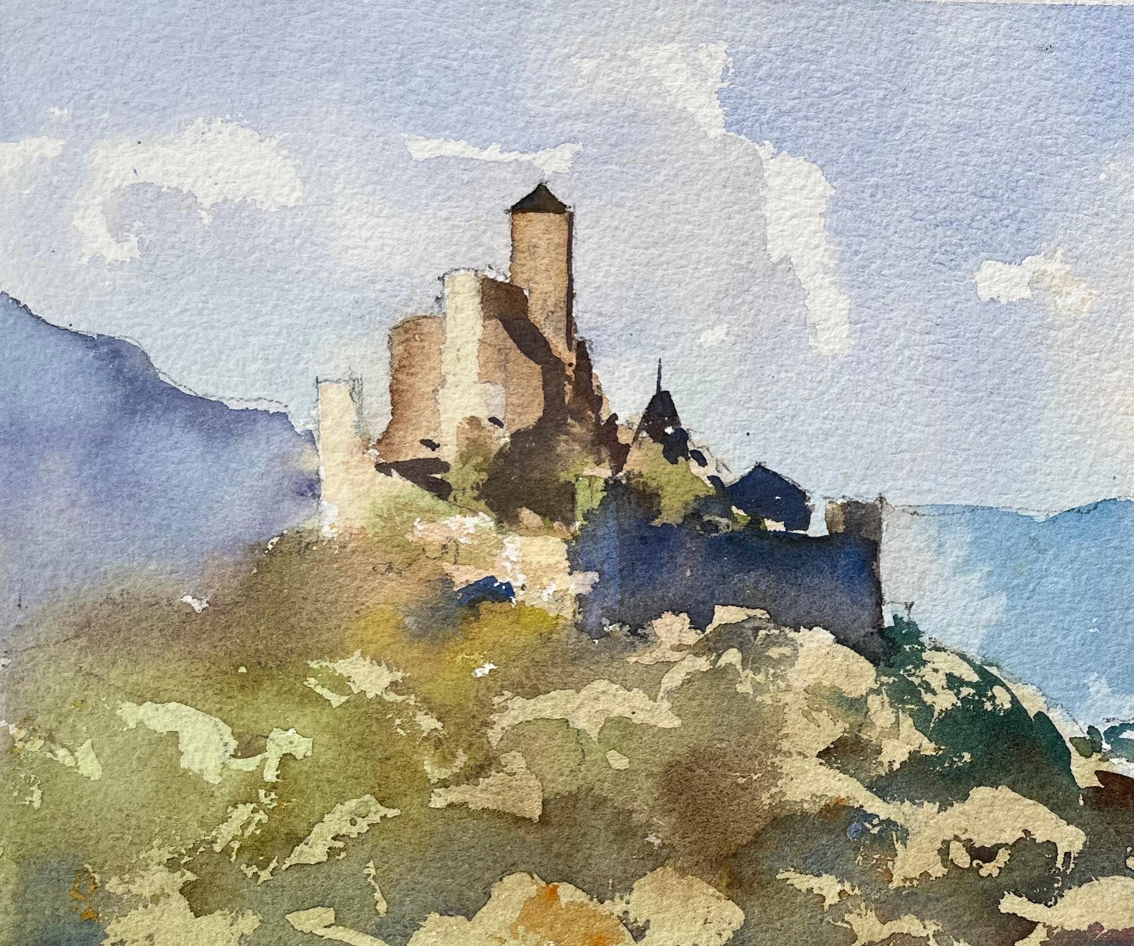 British Impressionist Watercolor of Castle on a Hilltop with Mountain Backdrop - Gray Landscape Painting by Anthony Avery