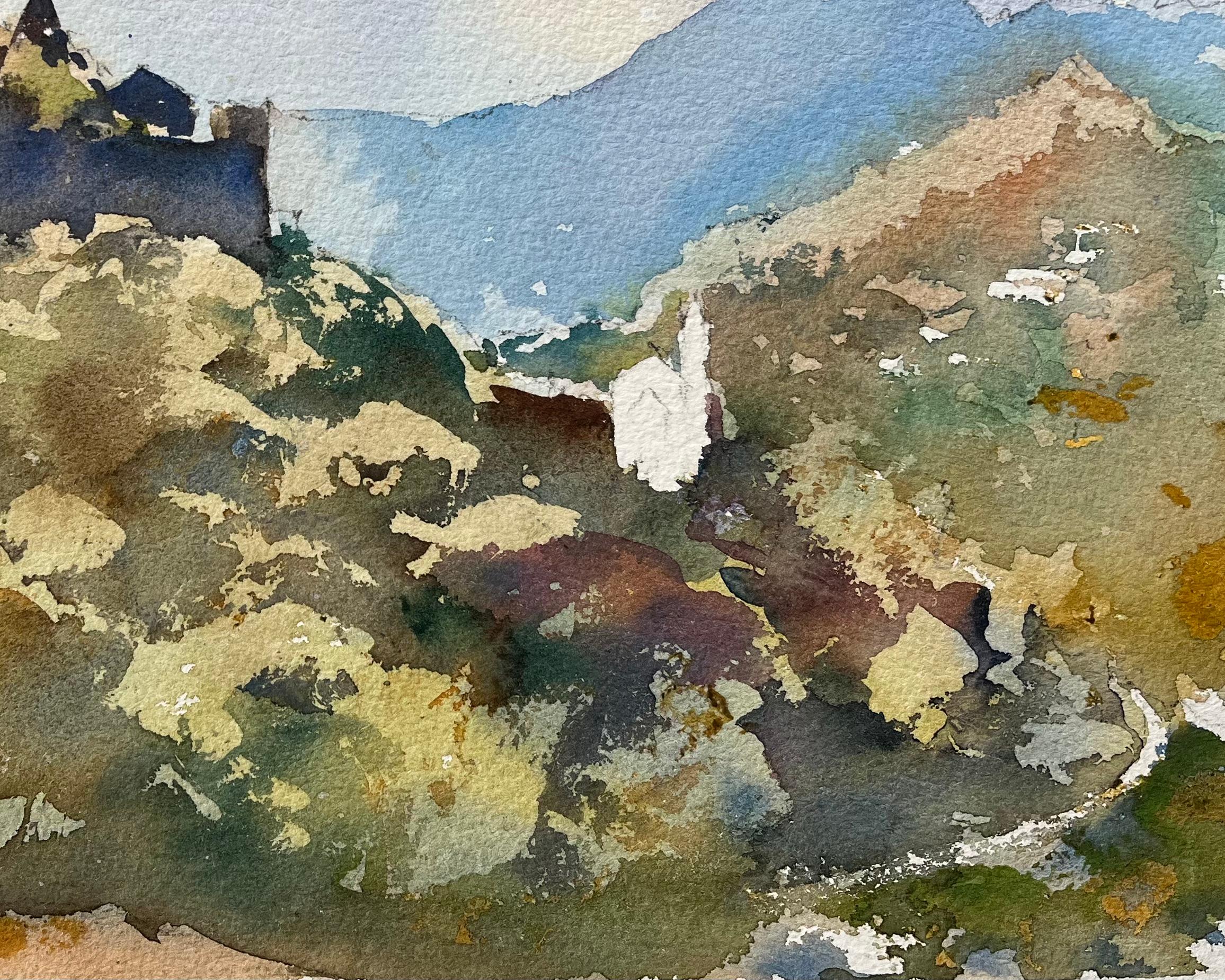 Title: British Impressionist Watercolor of Castle on a Hilltop with Mountain Backdrop
by Anthony Avery (British 1946-2023)
Original watercolor on artists paper, unframed
Dimensions: 11.25 x 15 inches (Height x Width)
Condition: Good, with some minor