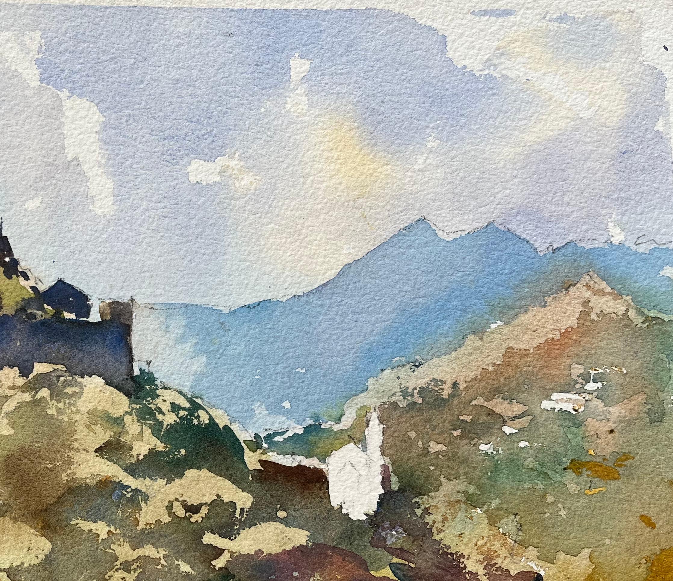 British Impressionist Watercolor of Castle on a Hilltop with Mountain Backdrop For Sale 1