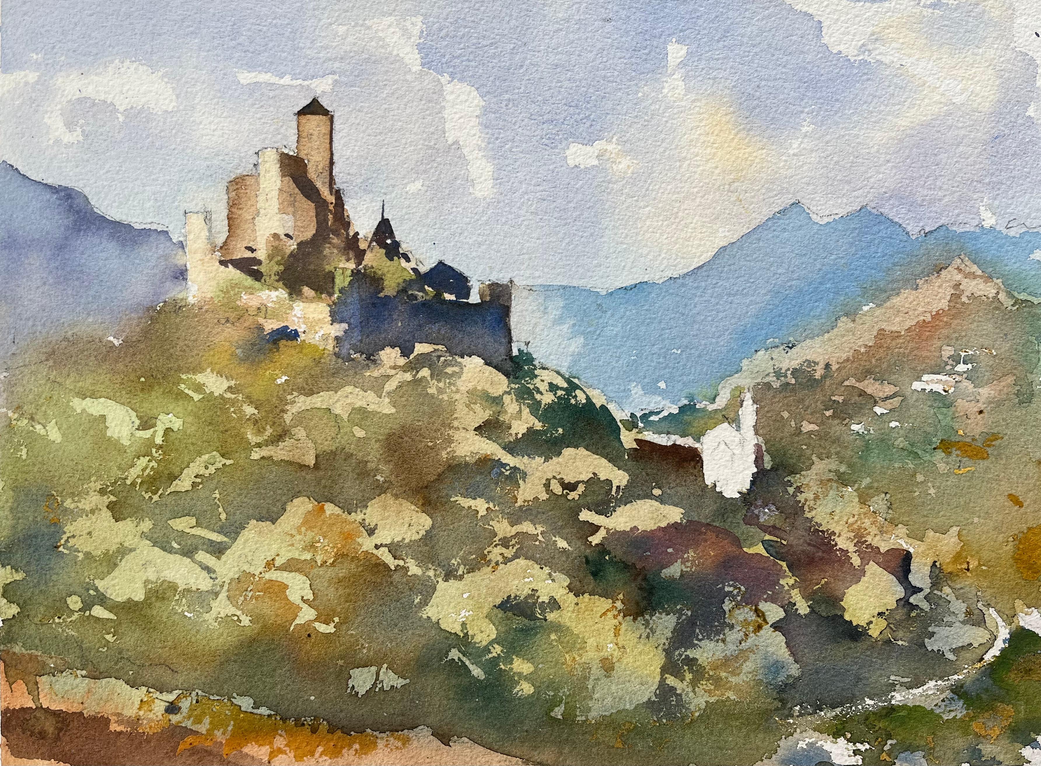 Acquerello impressionista britannico di un castello in cima a una collina con sfondo di montagna