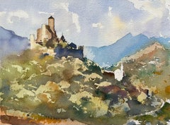 British Impressionist Watercolor of Castle on a Hilltop with Mountain Backdrop