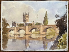 British Impressionist Watercolor of Cathedral and Stone Bridge Over River