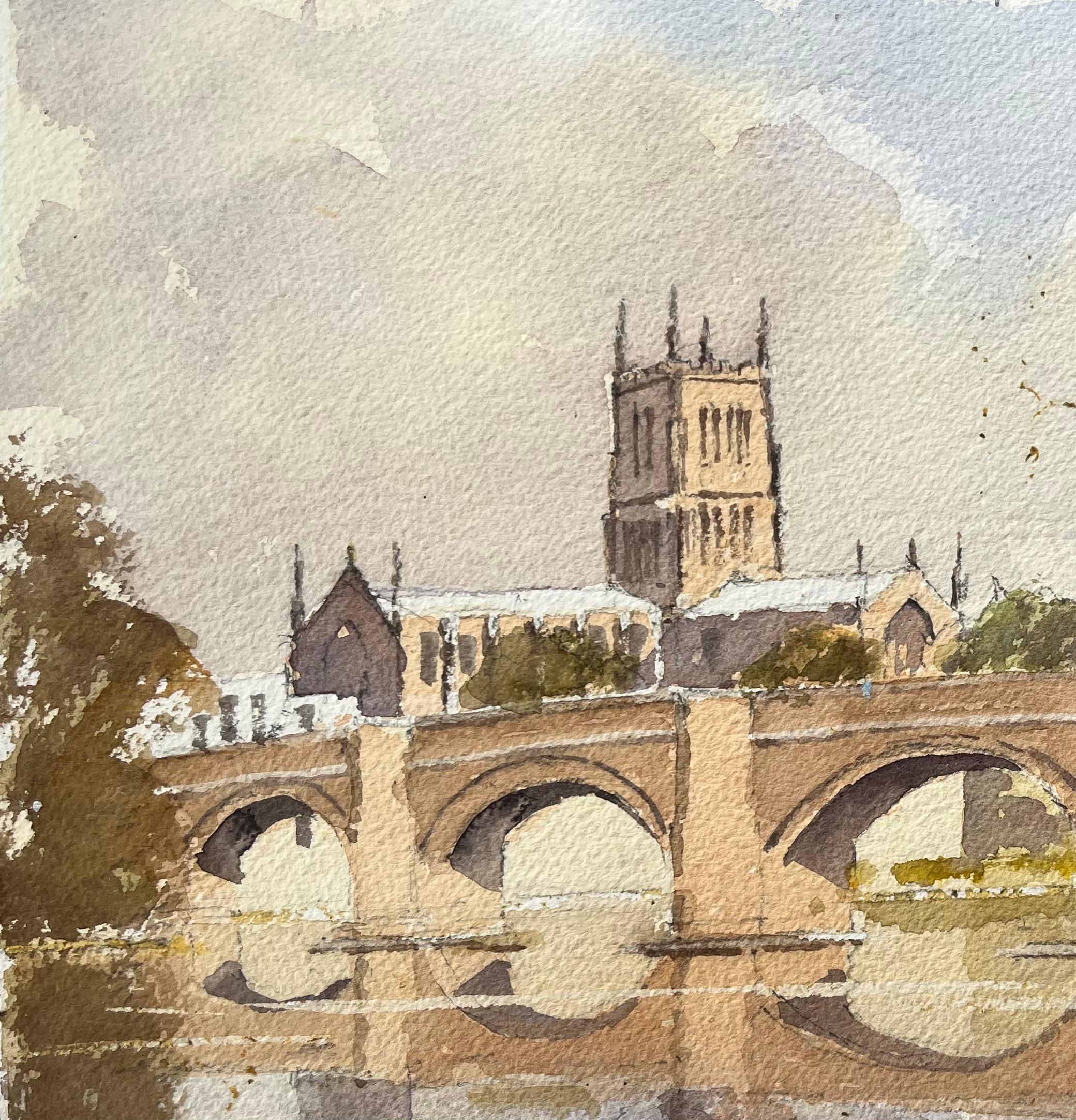 Britisches impressionistisches Aquarell der Kathedrale und der Steinbrücke über dem Fluss (Impressionismus), Painting, von Anthony Avery