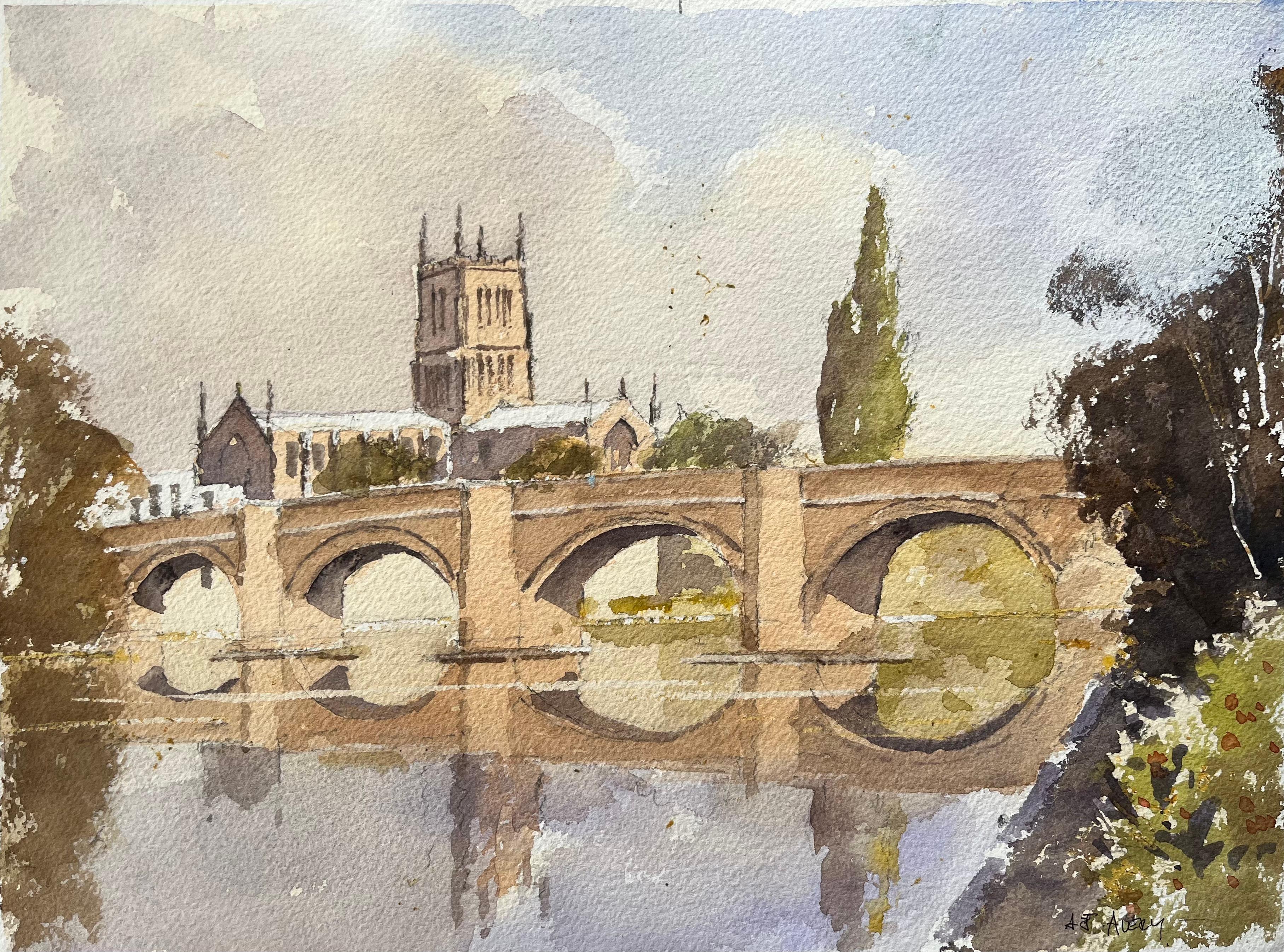 Britisches impressionistisches Aquarell der Kathedrale und der Steinbrücke über dem Fluss