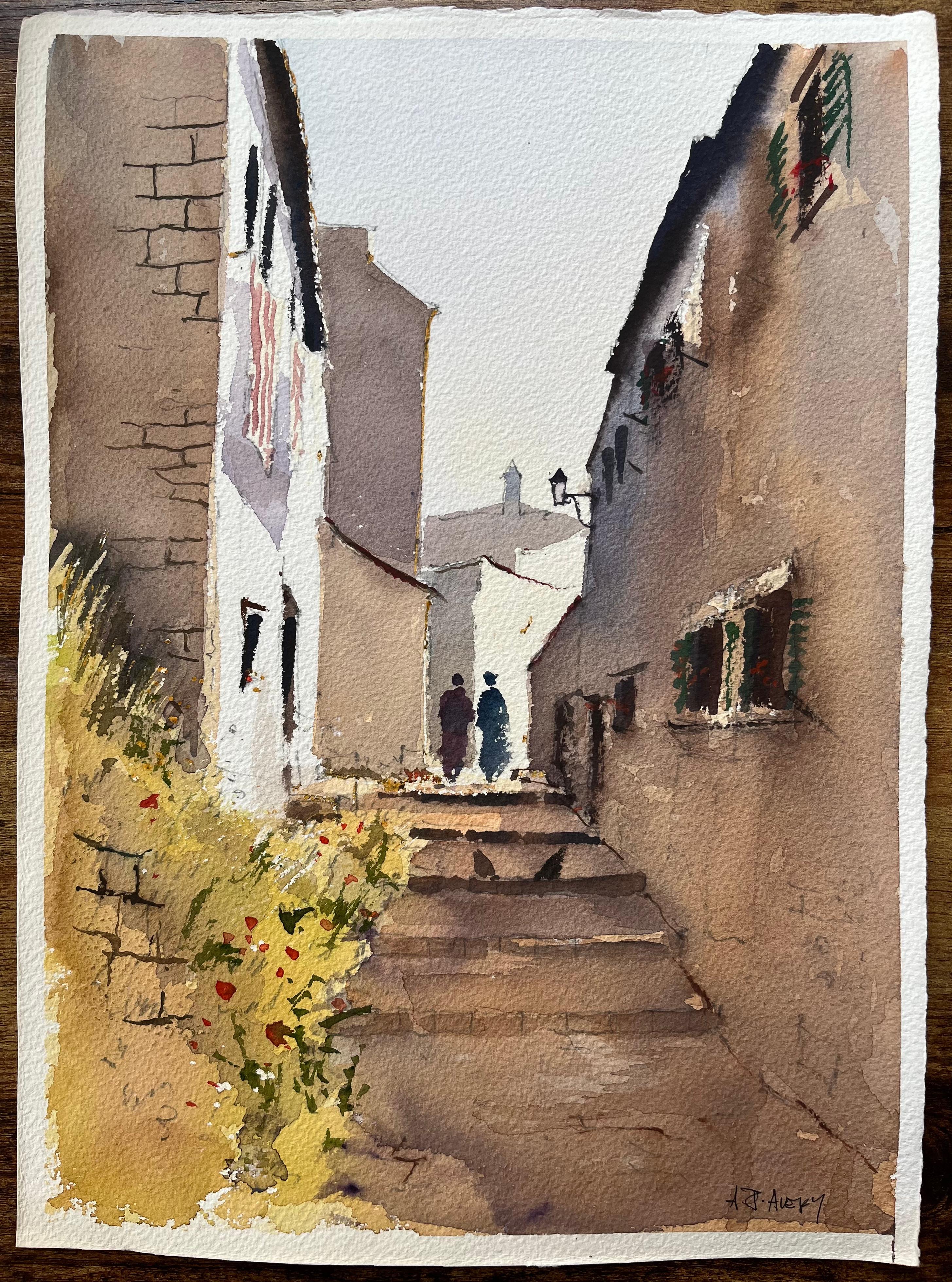 Britischer Impressionist Aquarell der charmanten schmalen Gasse mit Figuren – Painting von Anthony Avery