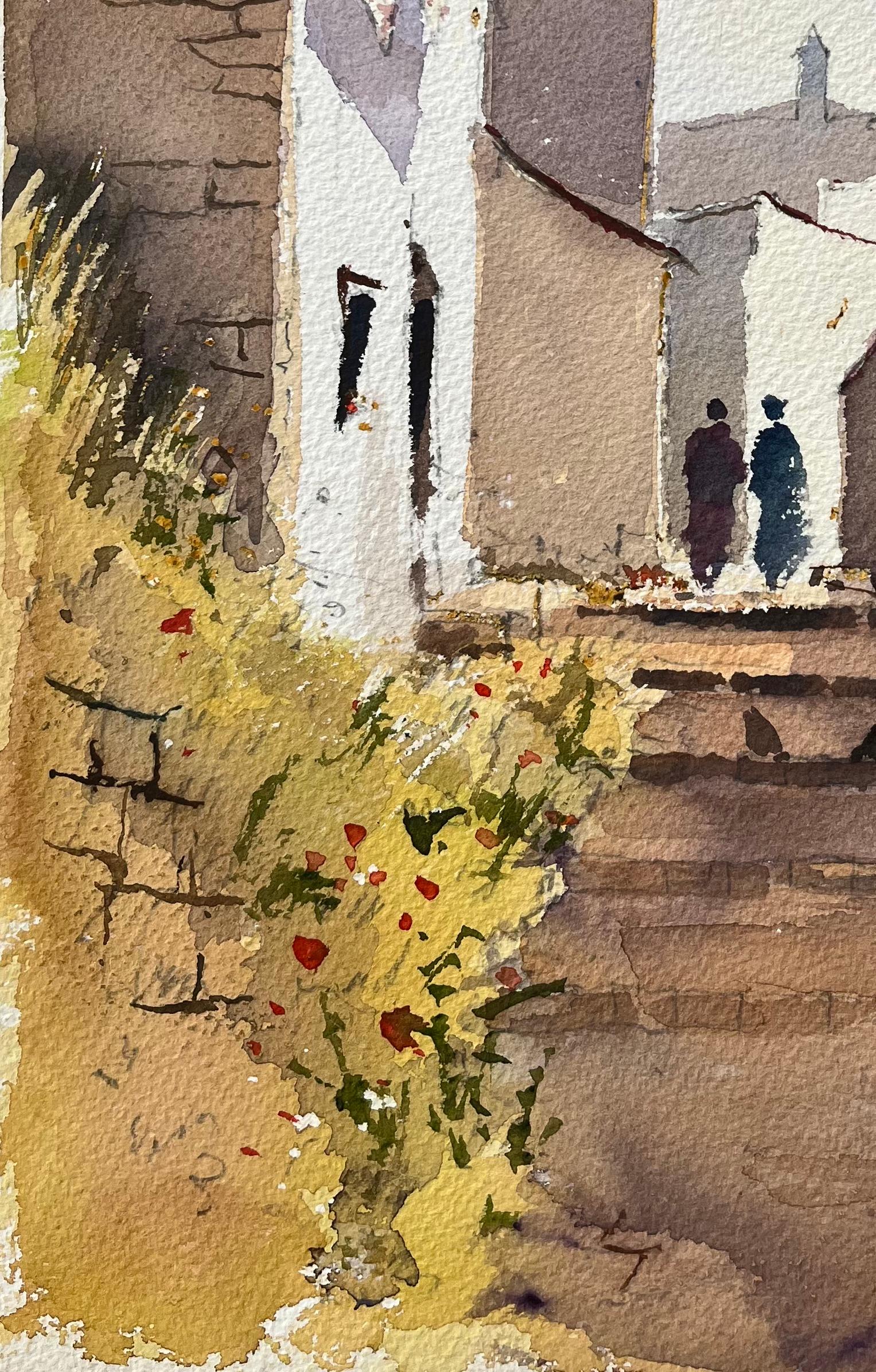 Britischer Impressionist Aquarell der charmanten schmalen Gasse mit Figuren (Impressionismus), Painting, von Anthony Avery