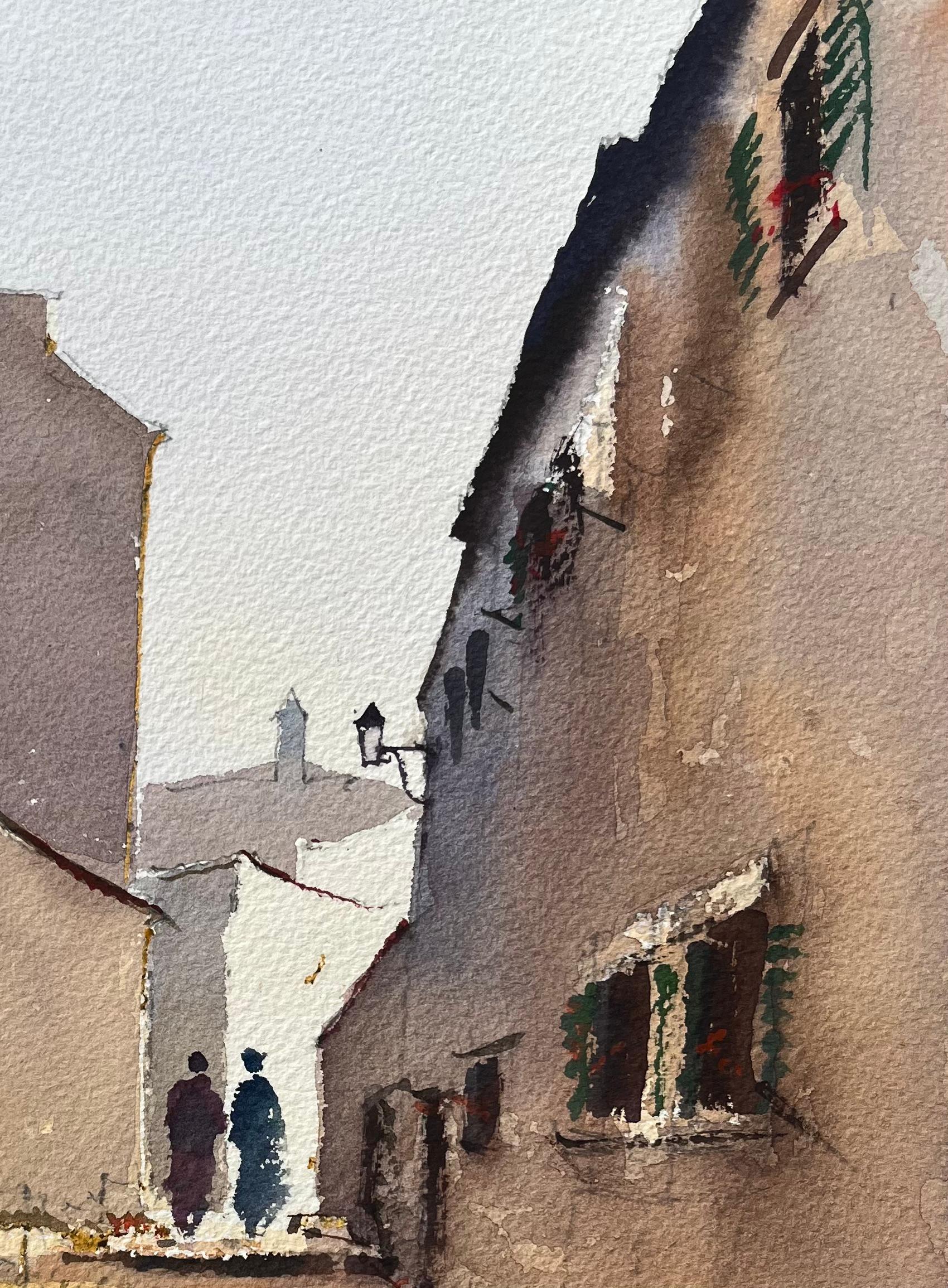 Britischer Impressionist Aquarell der charmanten schmalen Gasse mit Figuren (Braun), Landscape Painting, von Anthony Avery