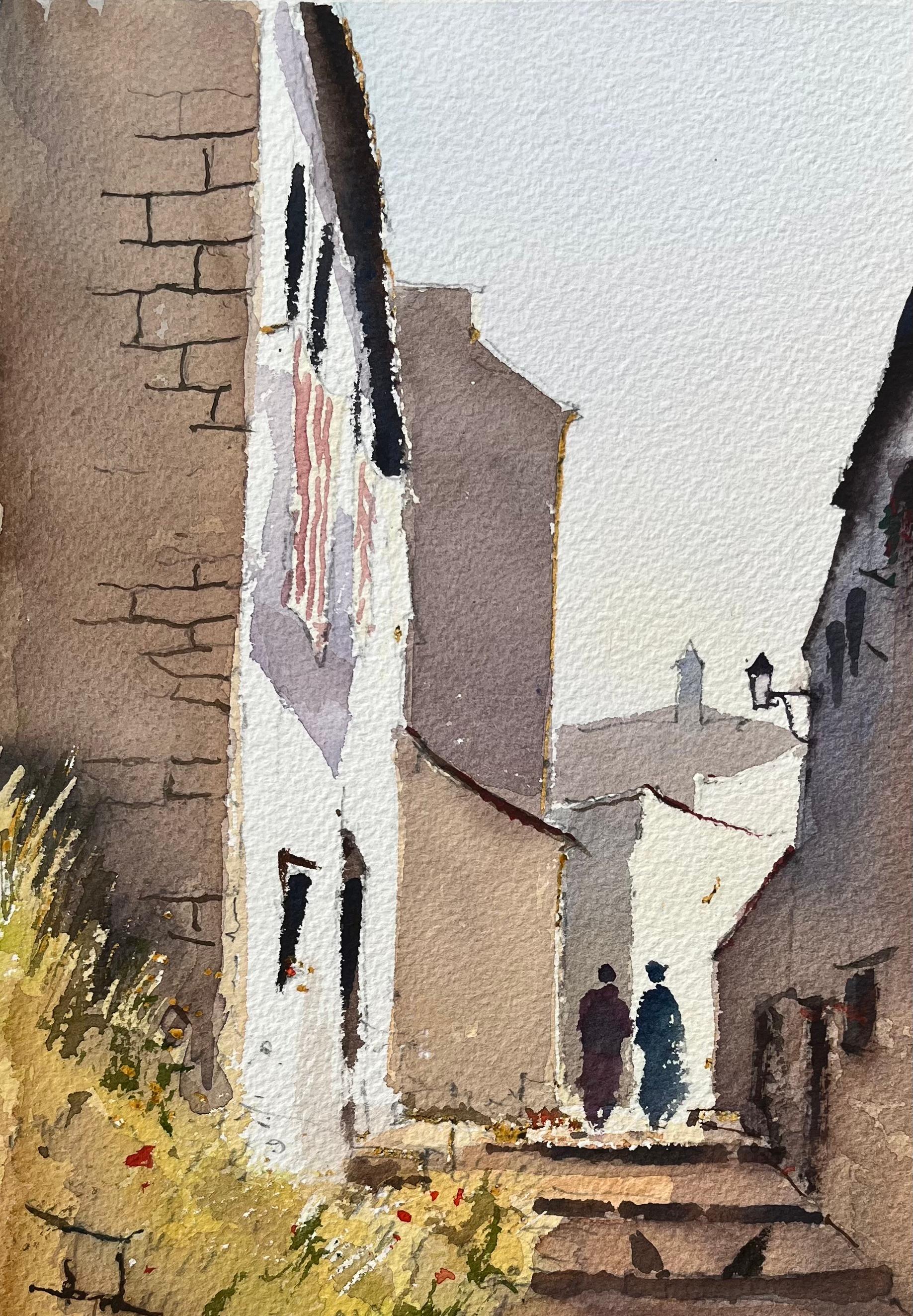 Titel: Britischer Impressionist Aquarell einer charmanten engen Gasse mit Figuren
von Anthony Avery (Brite 1946-2023)
Original-Aquarell auf Künstlerpapier, ungerahmt
Abmessungen: 15,25 x 11,25 Zoll (Höhe x Breite)
Unterschrieben: Ja
Zustand: Gut,