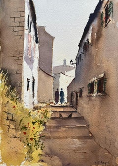 Aquarelle impressionniste britannique d'une charmante allée étroite avec des personnages