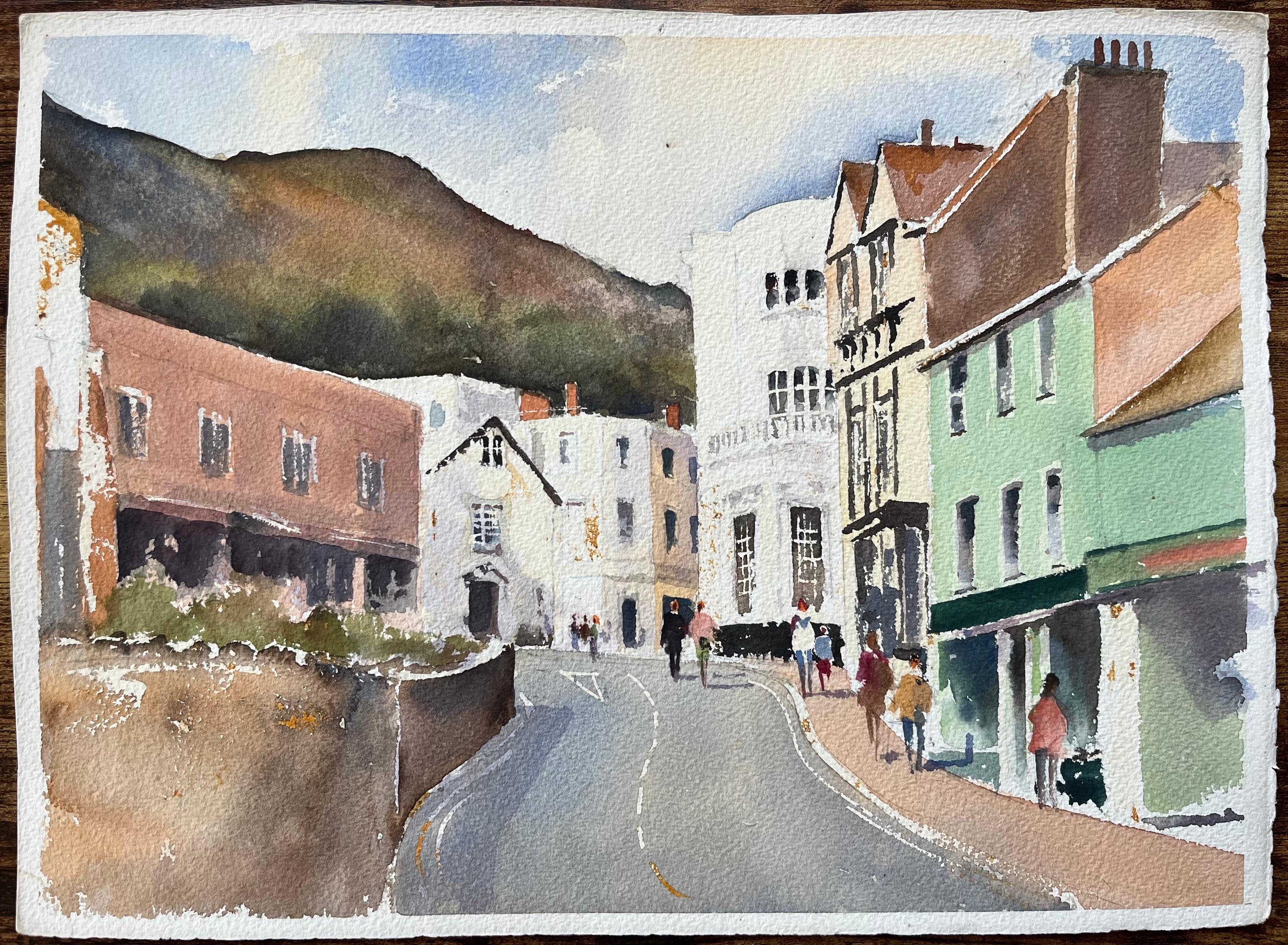 Britischer Impressionist Aquarell von Charming Townscape mit einem Hillside Backdrop – Painting von Anthony Avery
