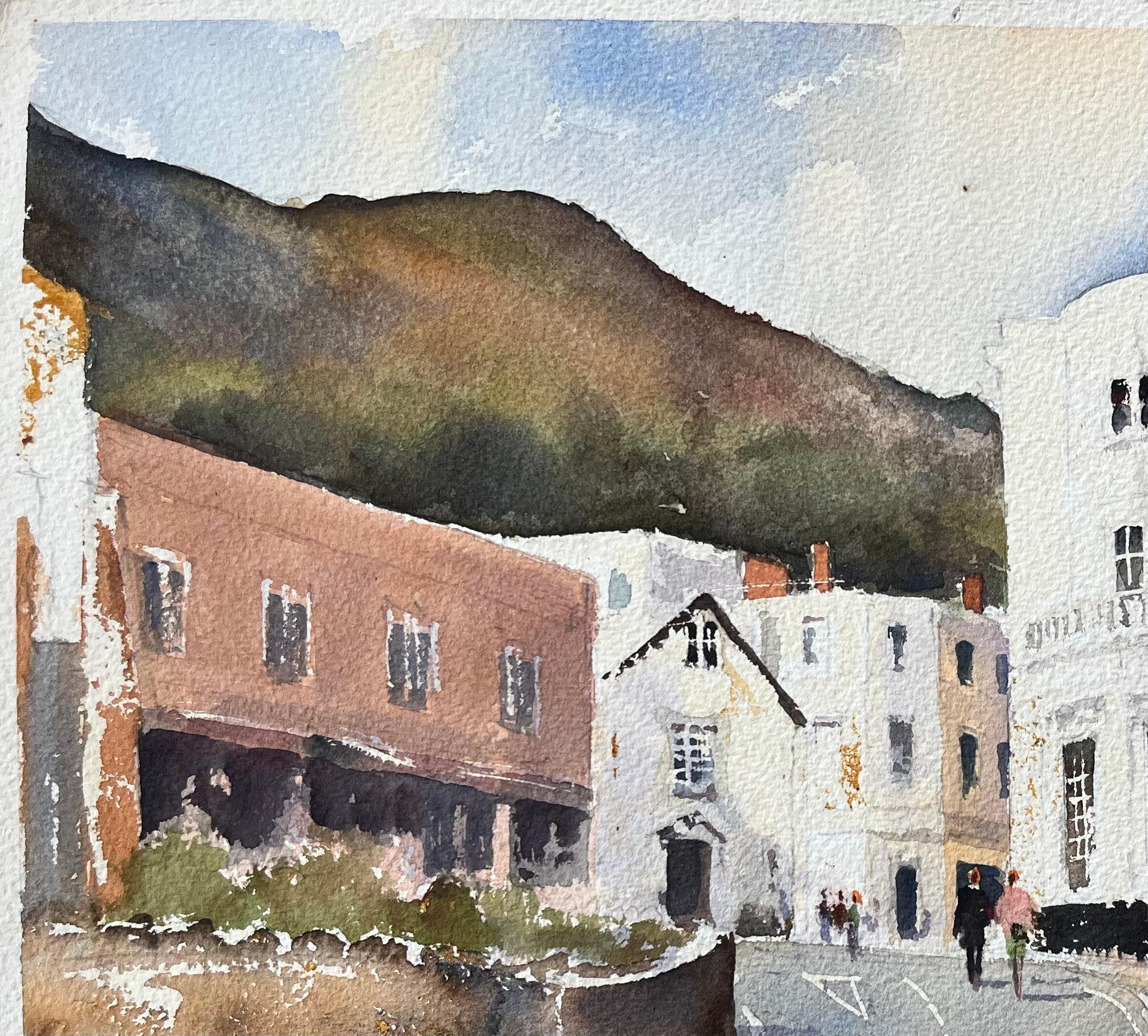 Britischer Impressionist Aquarell von Charming Townscape mit einem Hillside Backdrop im Angebot 1