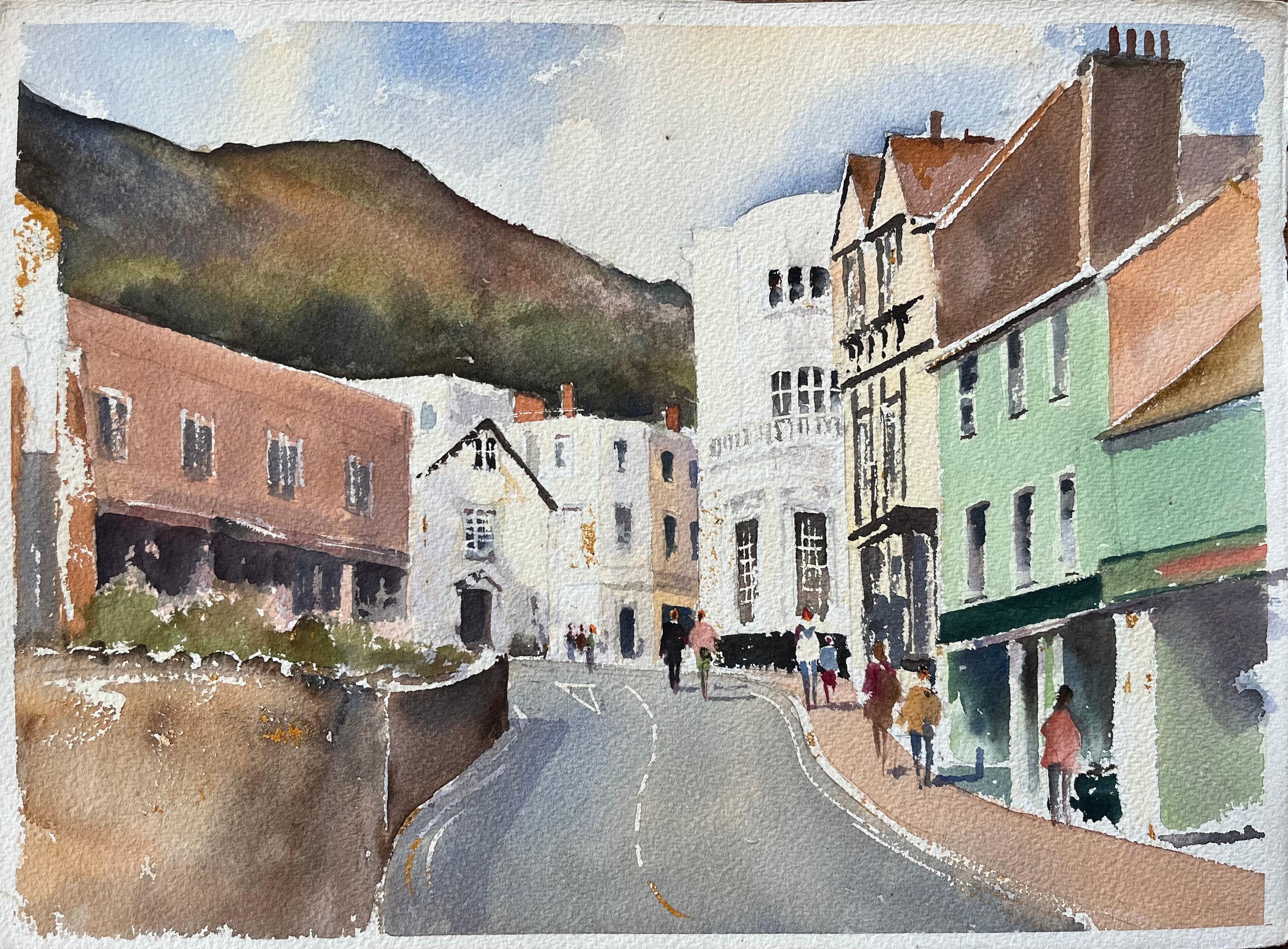 Britischer Impressionist Aquarell von Charming Townscape mit einem Hillside Backdrop