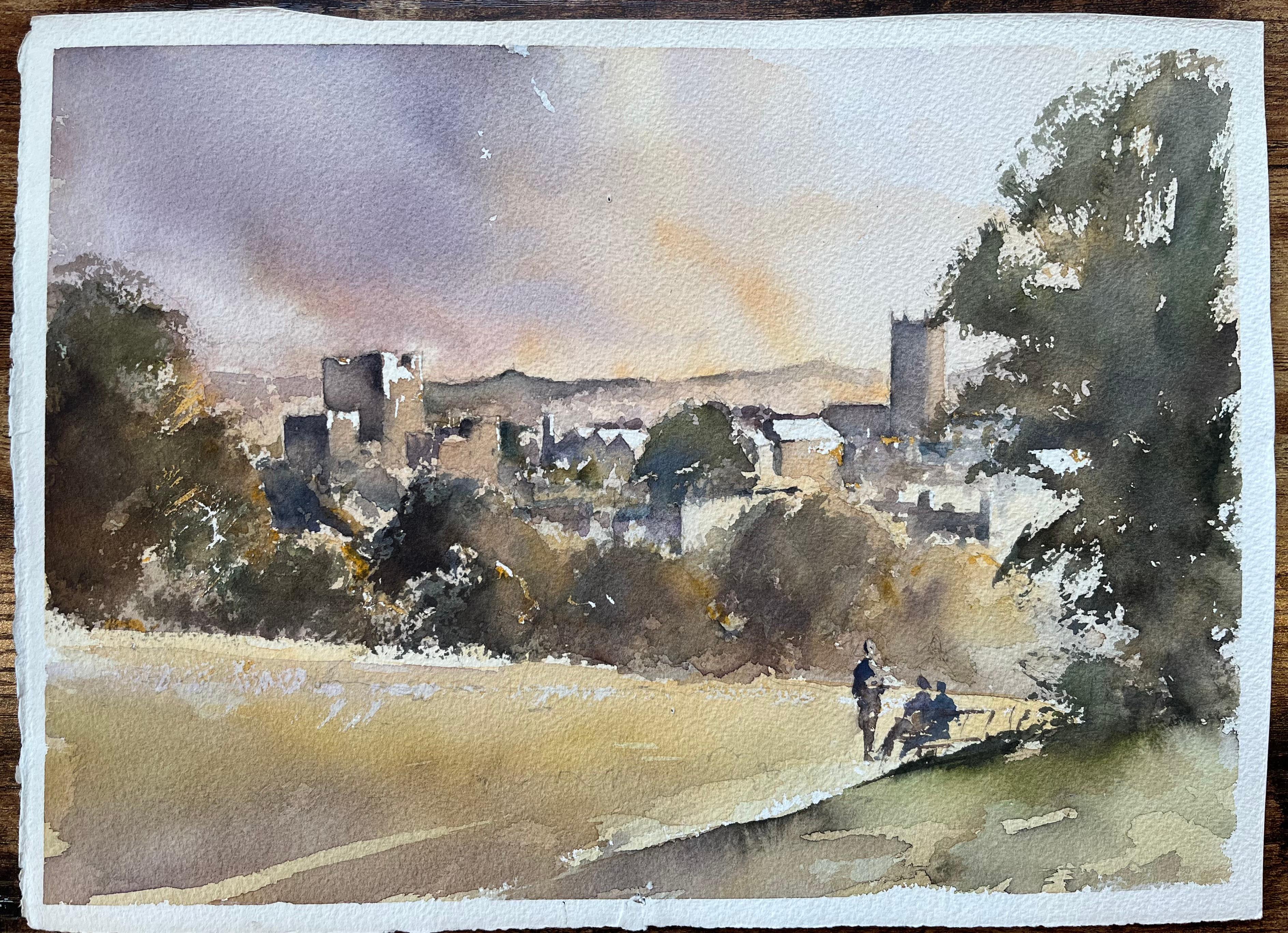 Aquarelle impressionniste britannique d'une vue d'une église et d'un village avec des personnages discutant - Painting de Anthony Avery