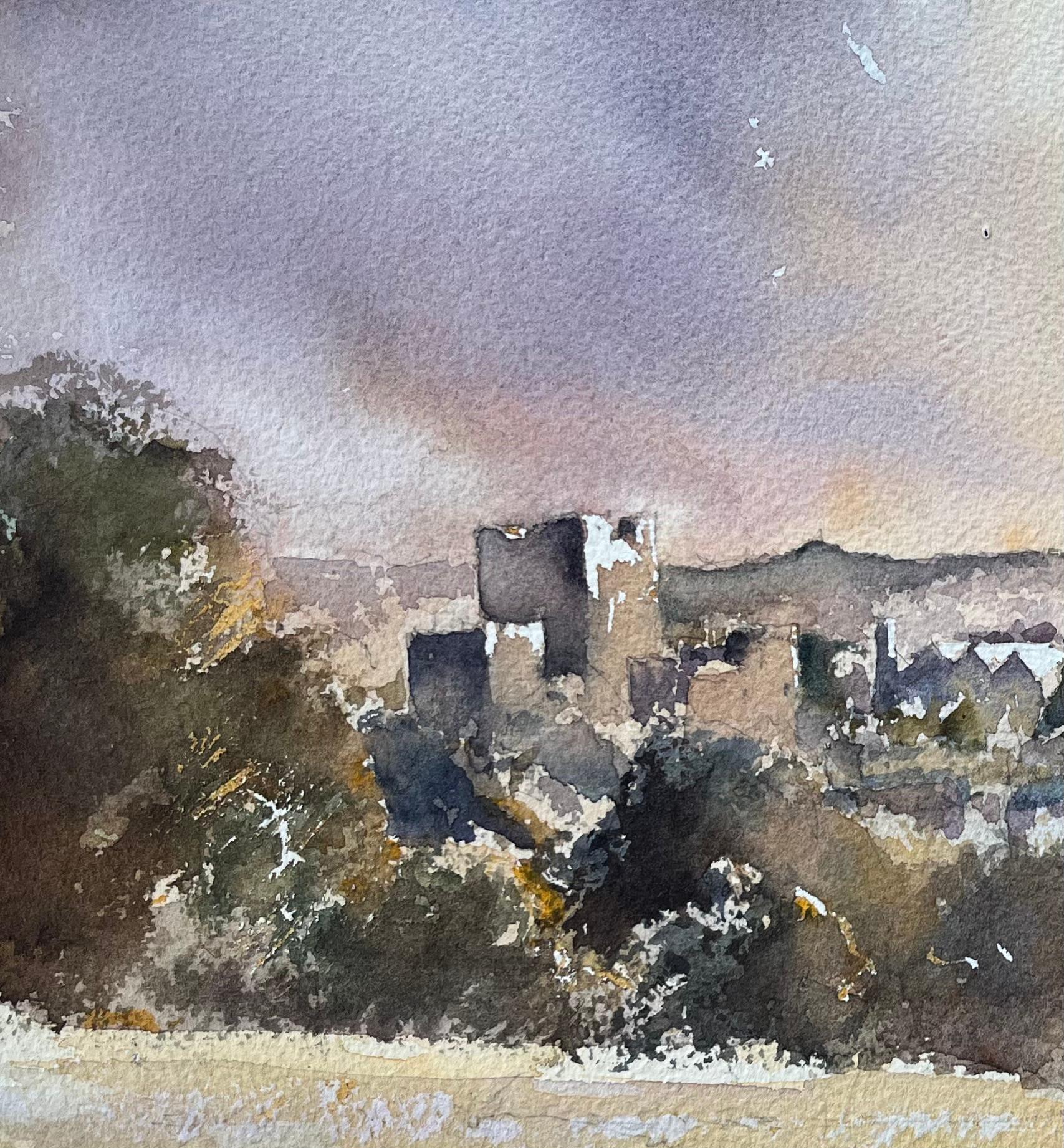 Aquarelle impressionniste britannique d'une vue d'une église et d'un village avec des personnages discutant - Impressionnisme Painting par Anthony Avery