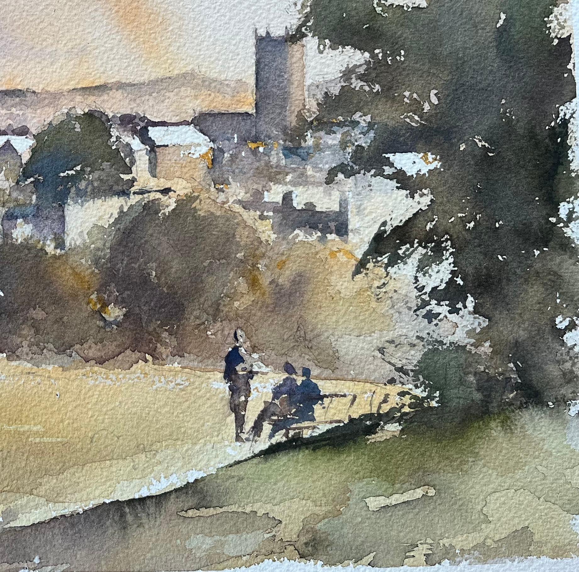 Titre : Aquarelle impressionniste britannique d'une église et d'une vue de village avec des personnages en train de parler
Par Anthony Avery (britannique 1946-2023)
Aquarelle originale sur papier d'artiste, non encadrée
Dimensions : 11 x 15.25