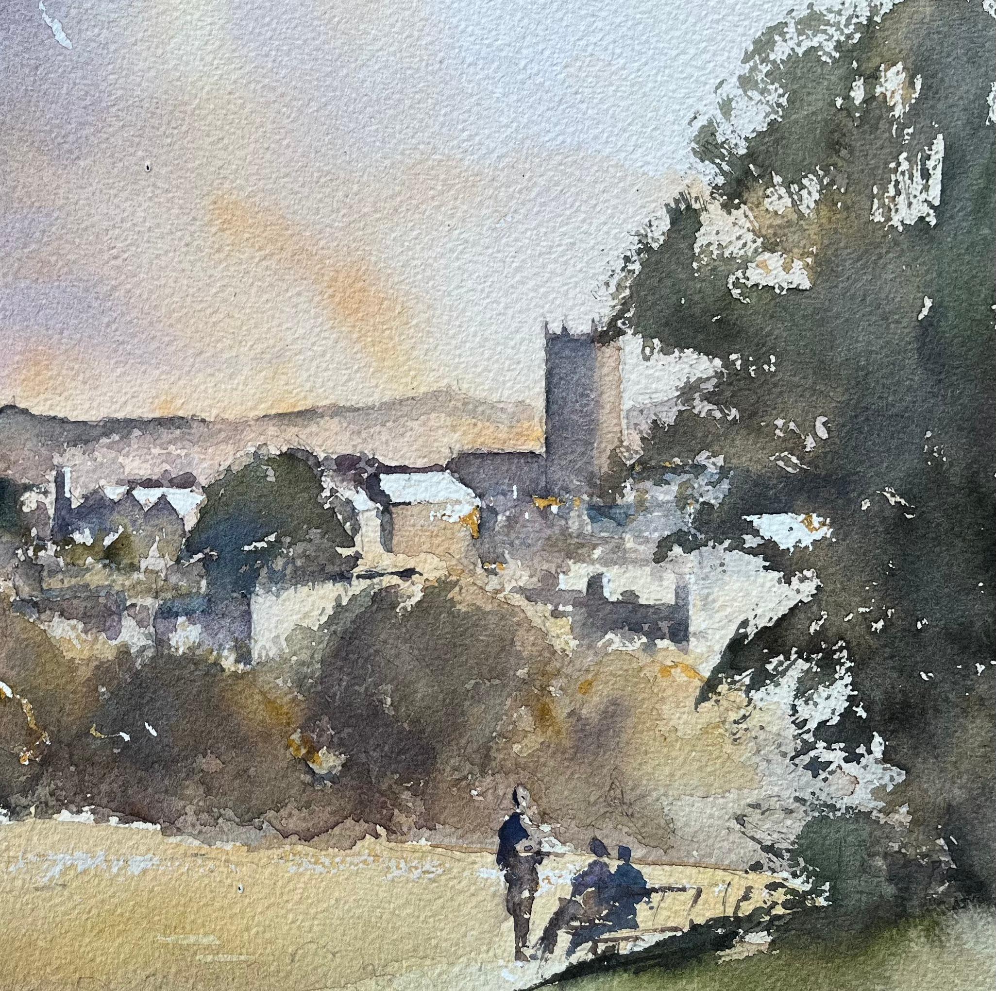 Aquarelle impressionniste britannique d'une vue d'une église et d'un village avec des personnages discutant en vente 1