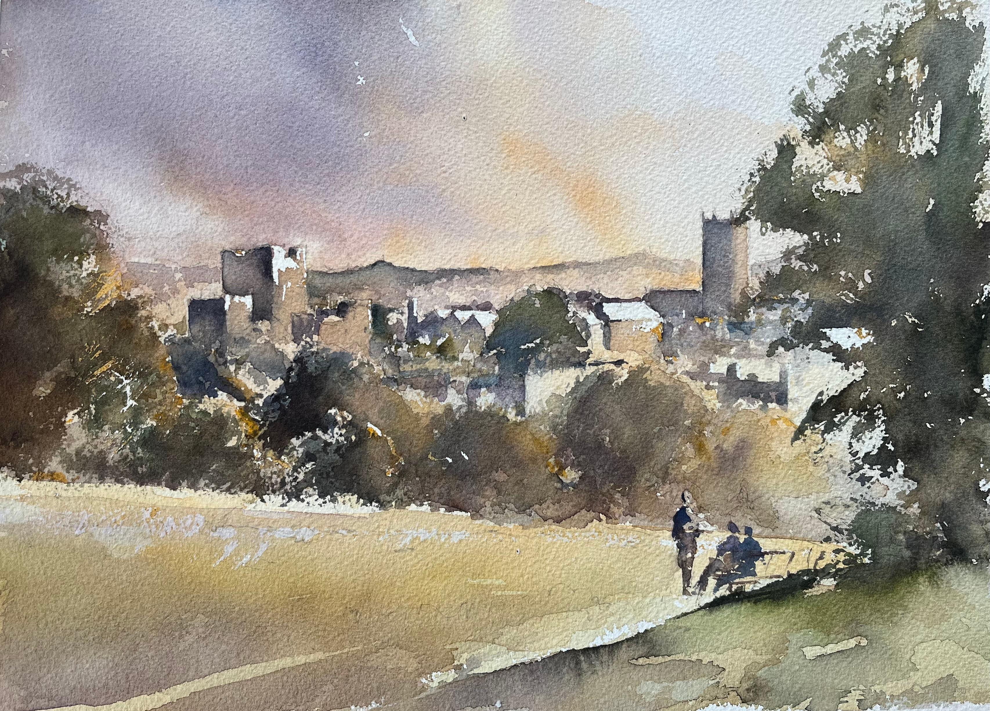 Britisches impressionistisches Aquarell der Kirche und des Dorfes mit Gesprächsfiguren