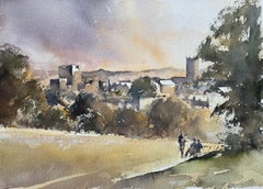 British Impressionist Watercolor of Church and Village View with Figures Talking