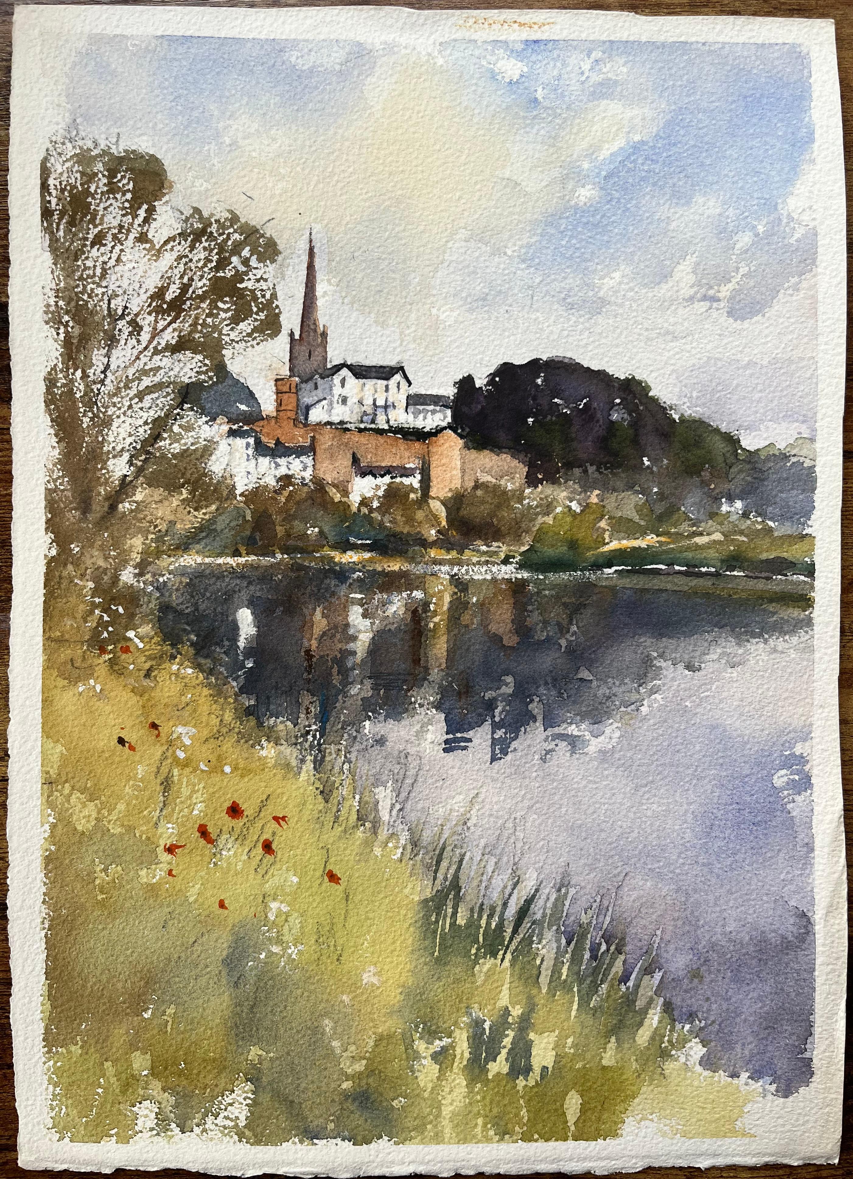 Aquarelle impressionniste britannique d'une église au reflet de la rivière - Painting de Anthony Avery