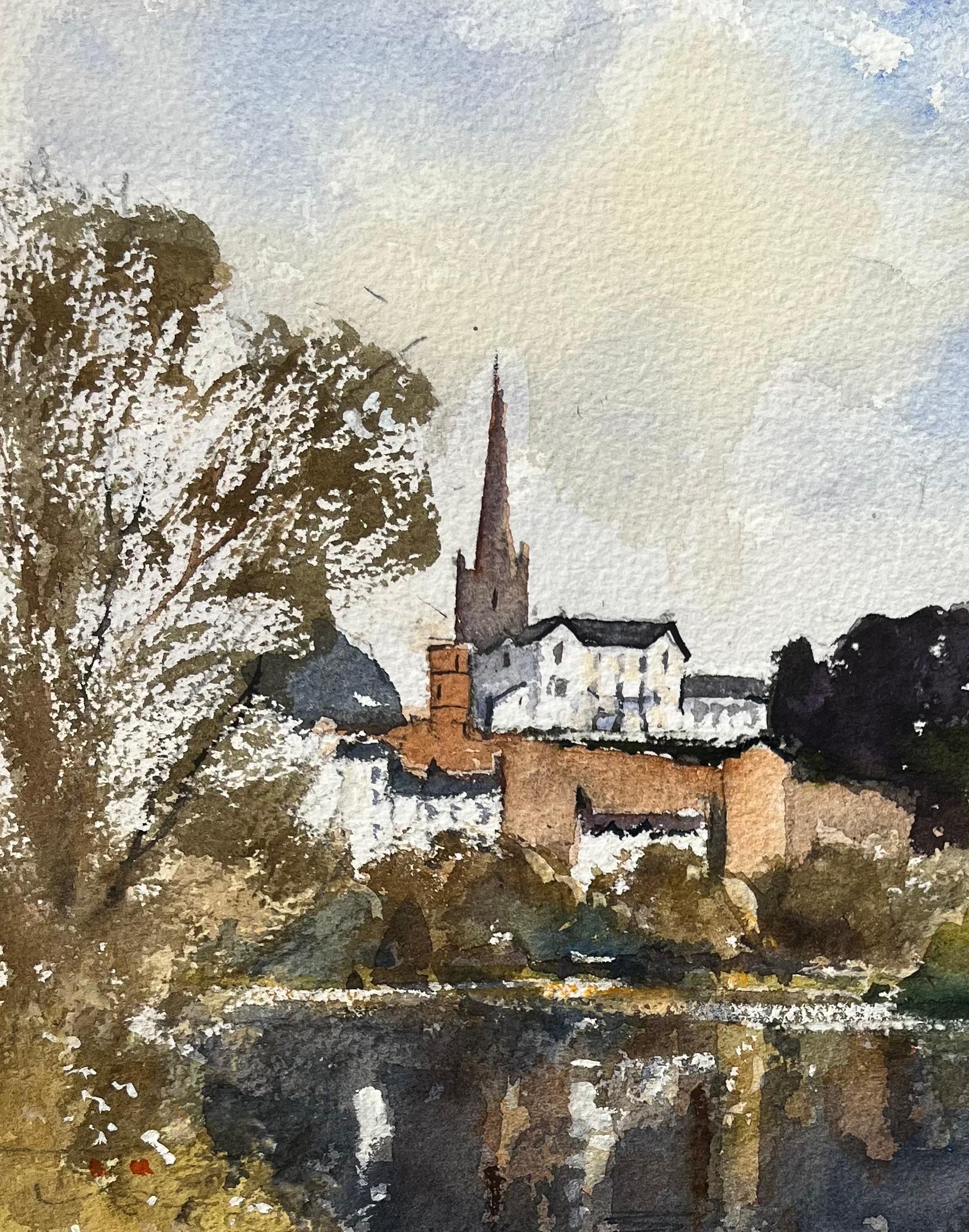 Aquarelle impressionniste britannique d'une église au reflet de la rivière - Impressionnisme Painting par Anthony Avery
