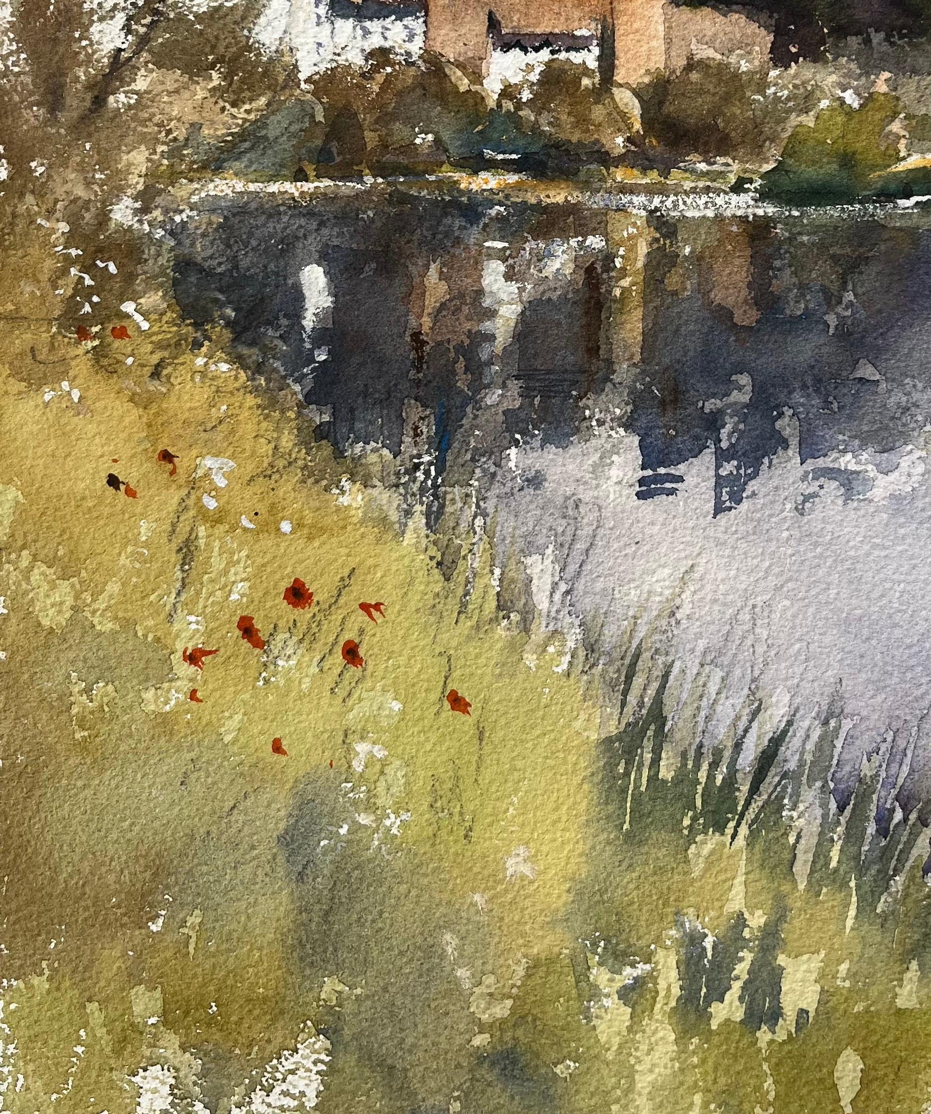 Aquarelle impressionniste britannique d'une église au reflet de la rivière - Marron Landscape Painting par Anthony Avery