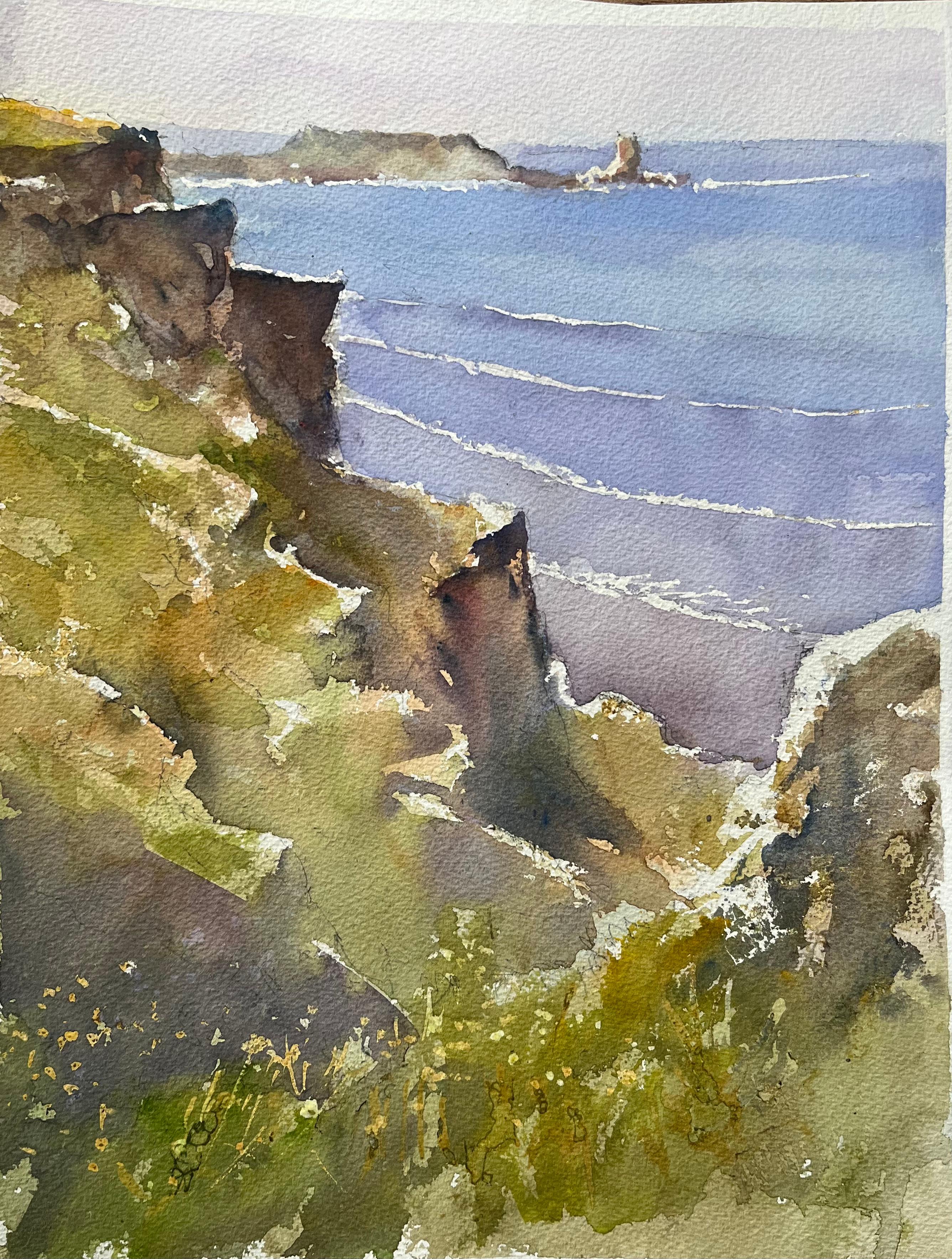 Landscape Painting de Anthony Avery - Acuarela impresionista británica de acantilados costeros e islotes lejanos