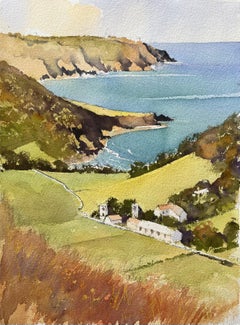 British Impressionist Watercolor of Coastal Cliffside and Village