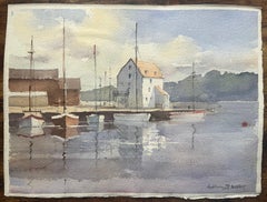 British Impressionist Watercolor of Coastal Harbour with Sailboats