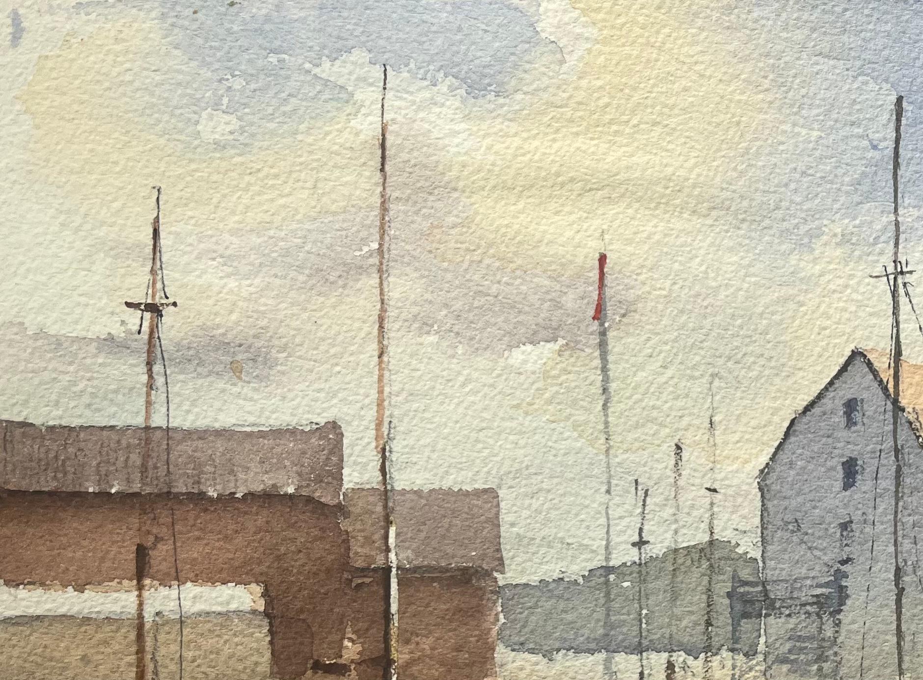 Acuarela impresionista británica de puerto costero con veleros - Landscape Painting Gris de Anthony Avery
