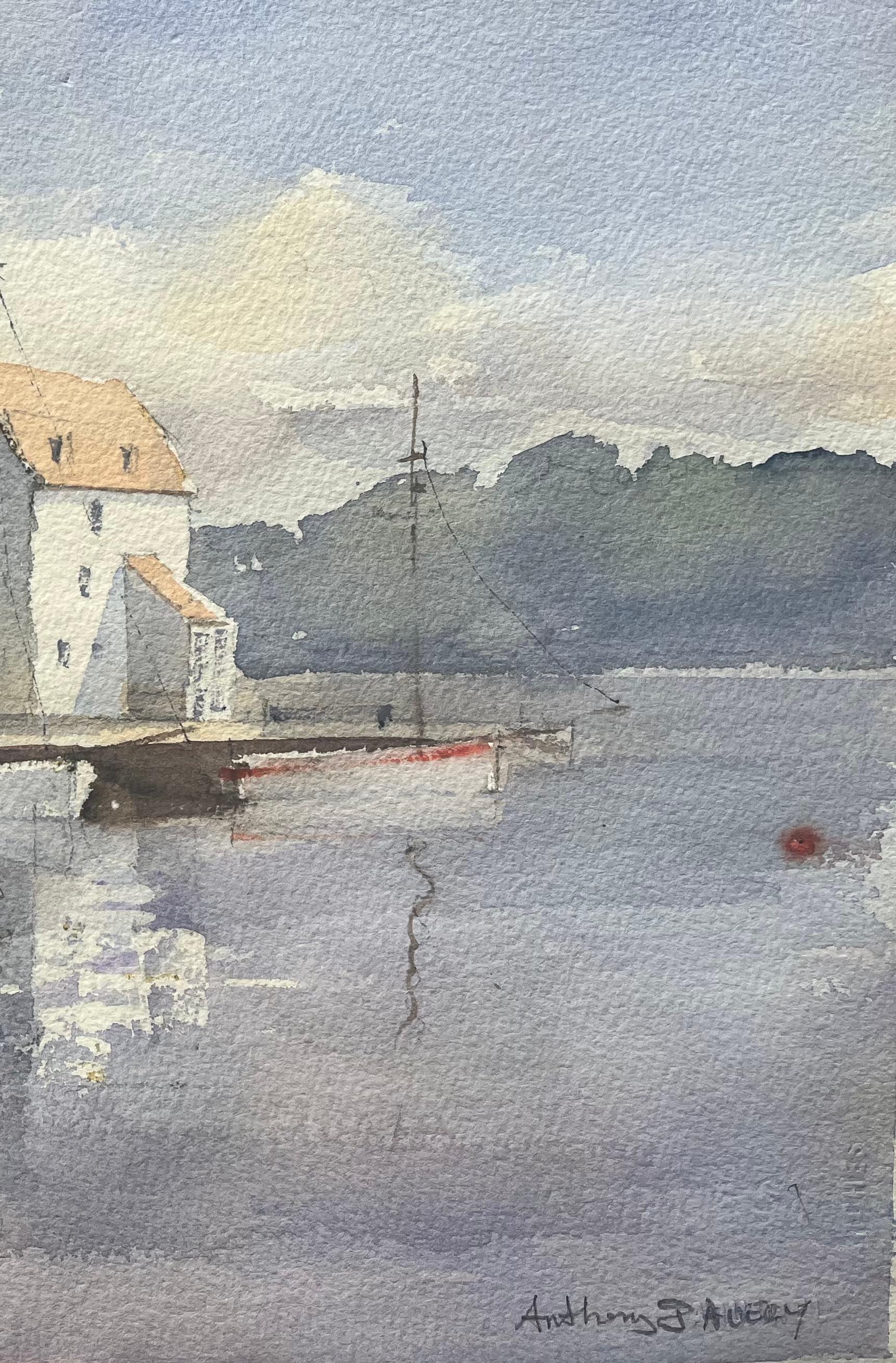 Título: Acuarela impresionista británica de puerto costero con veleros
de Anthony Avery (británico 1946-2023)
acuarela original sobre papel de artista, sin enmarcar
Dimensiones: 11,5 x 15 pulgadas (Alto x Ancho)
Firmado: Sí
Estado: Bueno, con
