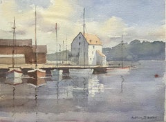 British Impressionist Watercolor of Coastal Harbour with Sailboats