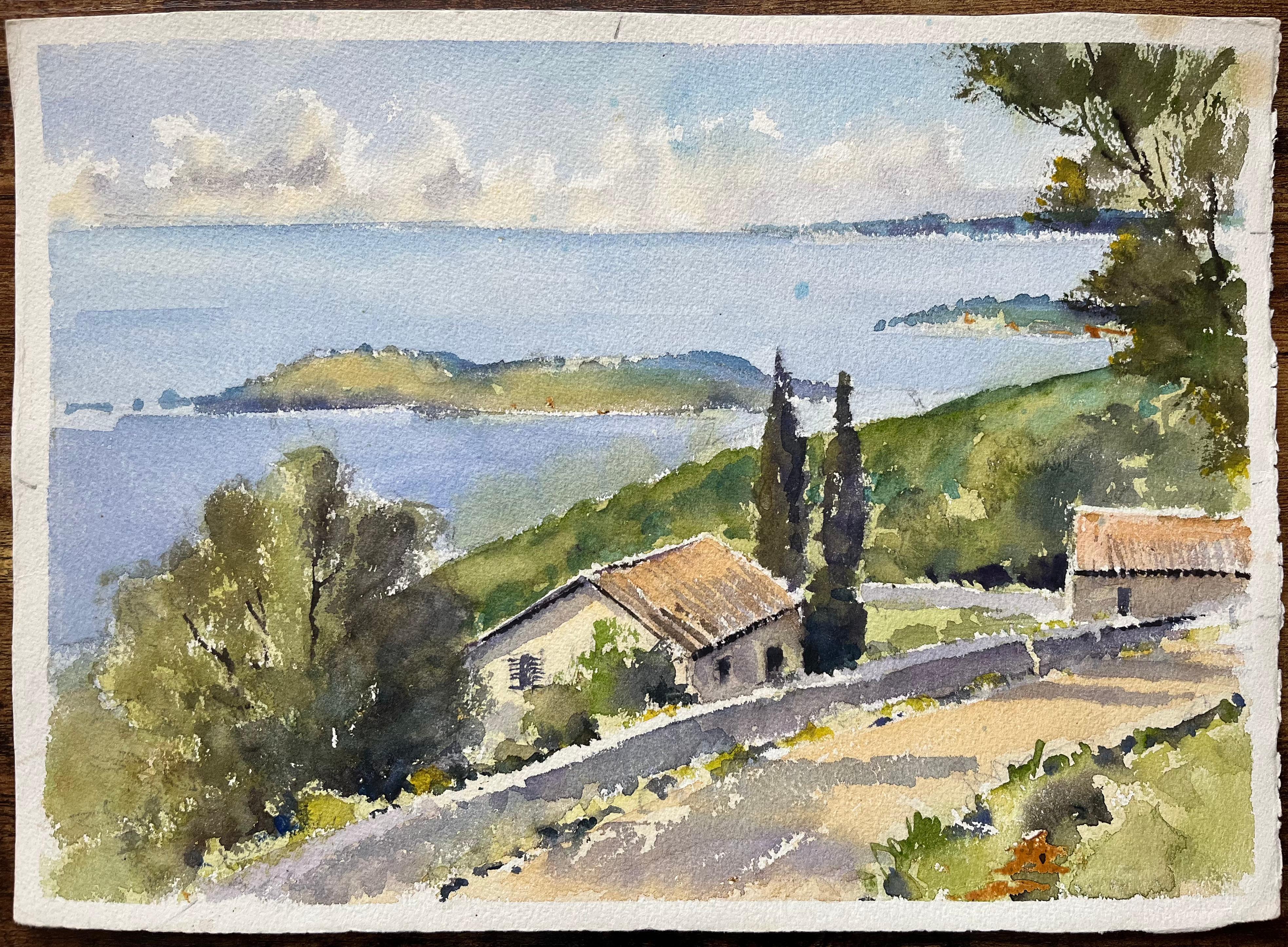 Aquarelle impressionniste britannique d'une colline côtière avec vue sur la Méditerranée - Painting de Anthony Avery