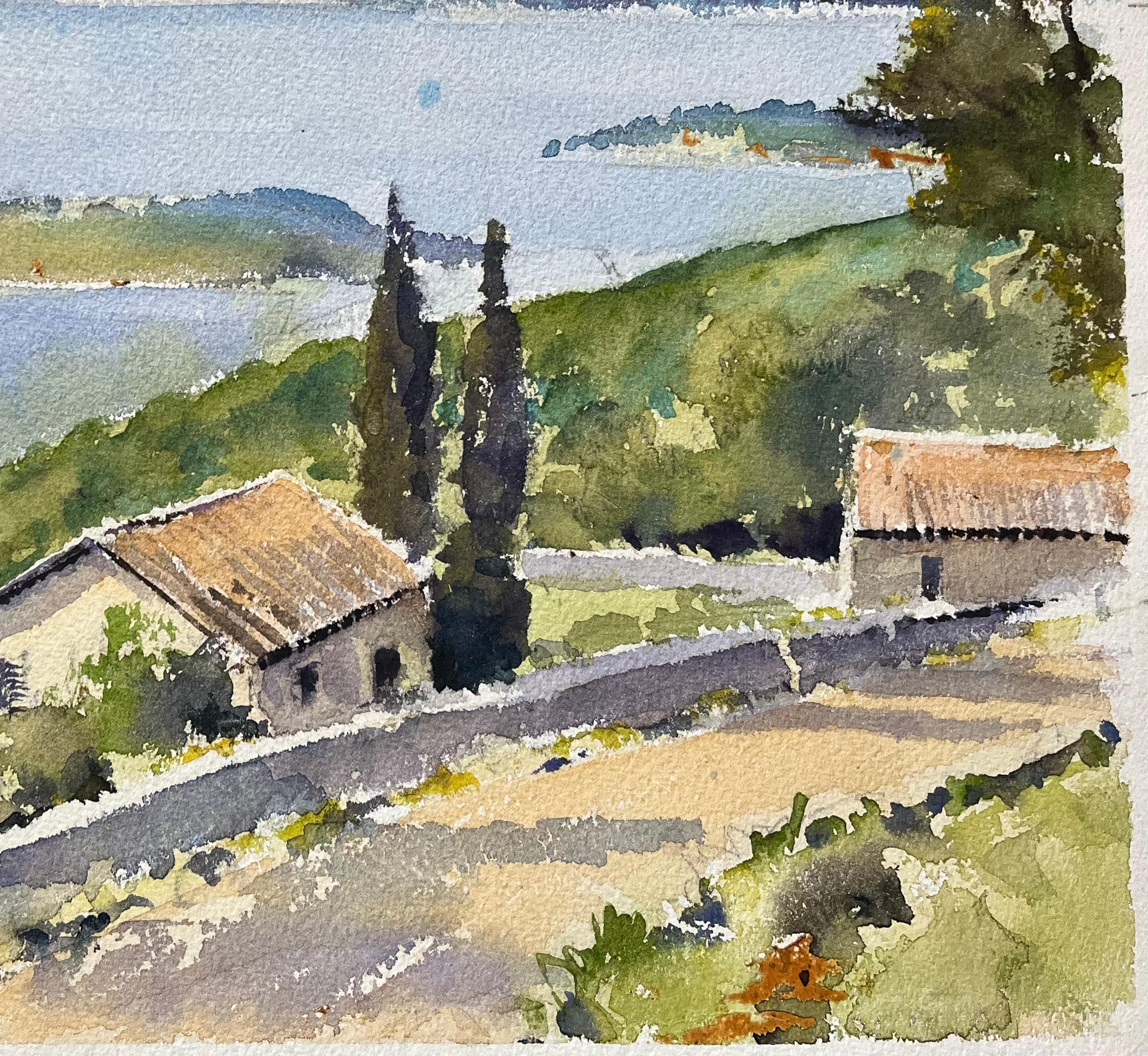 Aquarelle impressionniste britannique d'une colline côtière avec vue sur la Méditerranée - Impressionnisme Painting par Anthony Avery