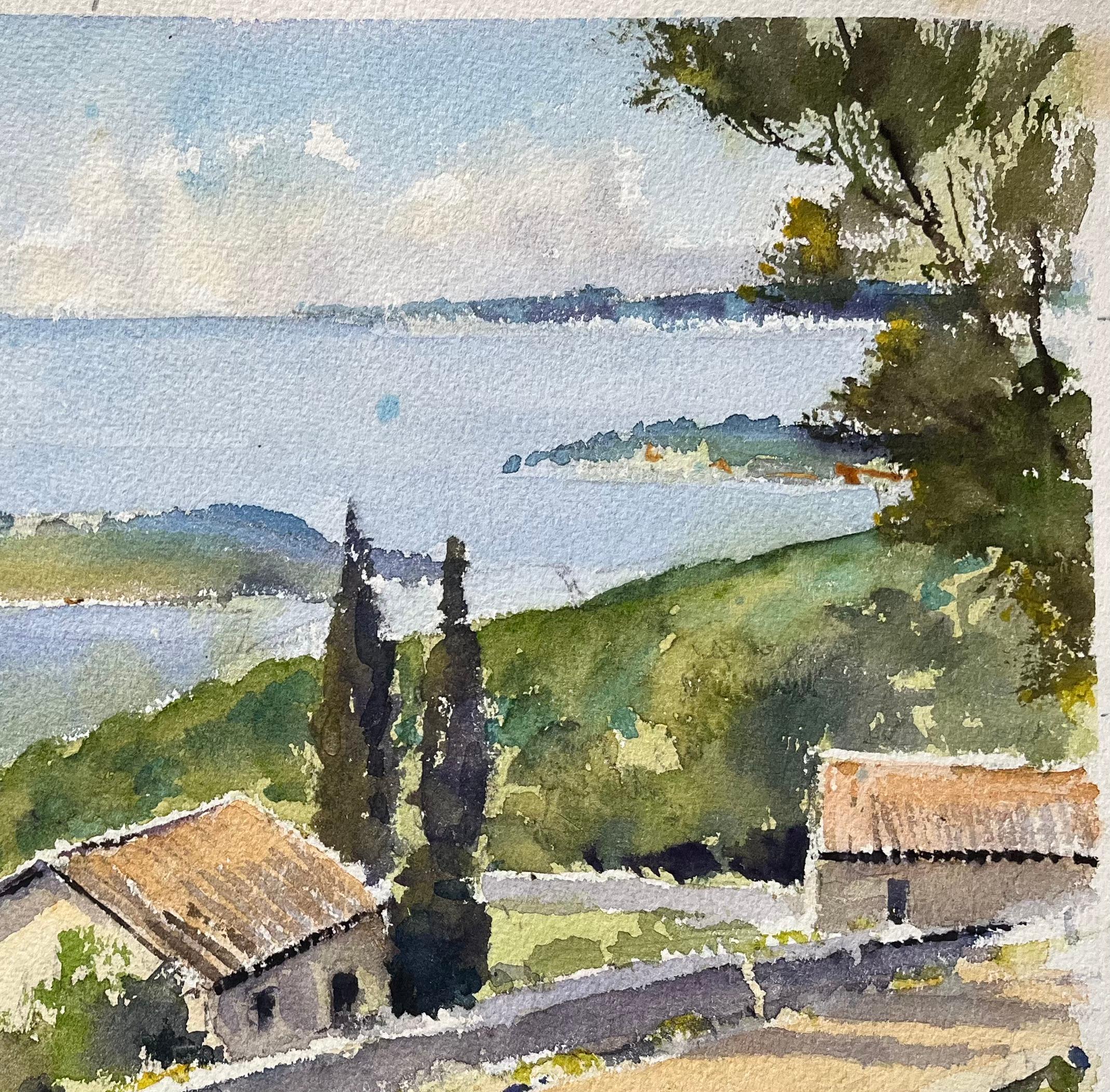 Aquarelle impressionniste britannique d'une colline côtière avec vue sur la Méditerranée - Gris Landscape Painting par Anthony Avery