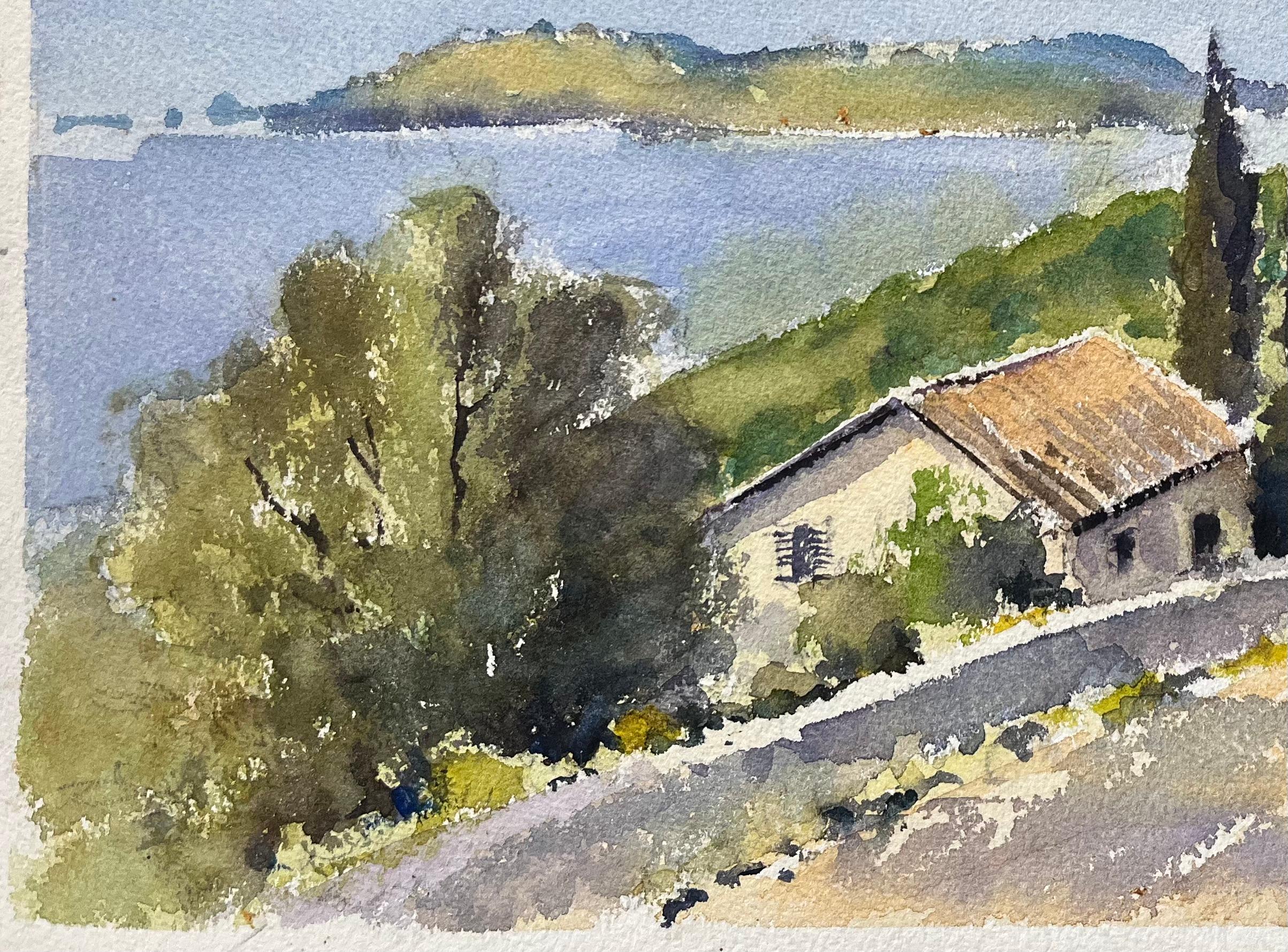 Titre : Aquarelle impressionniste britannique d'une colline côtière avec vue sur la Méditerranée
Par Anthony Avery (britannique 1946-2023)
Aquarelle originale sur papier d'artiste, non encadrée
Dimensions : 11 x 15.5 pouces (hauteur x