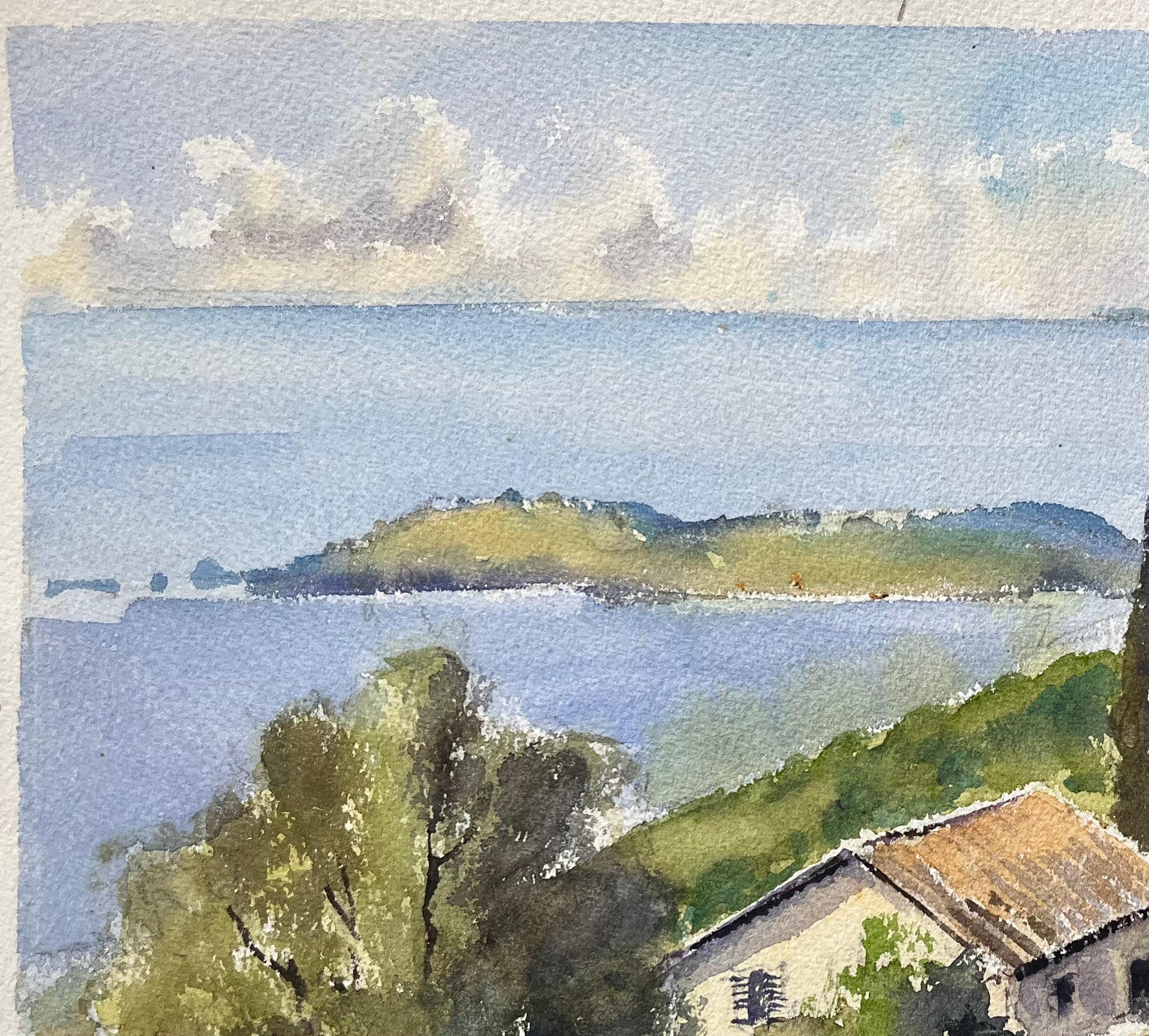 Aquarelle impressionniste britannique d'une colline côtière avec vue sur la Méditerranée en vente 1