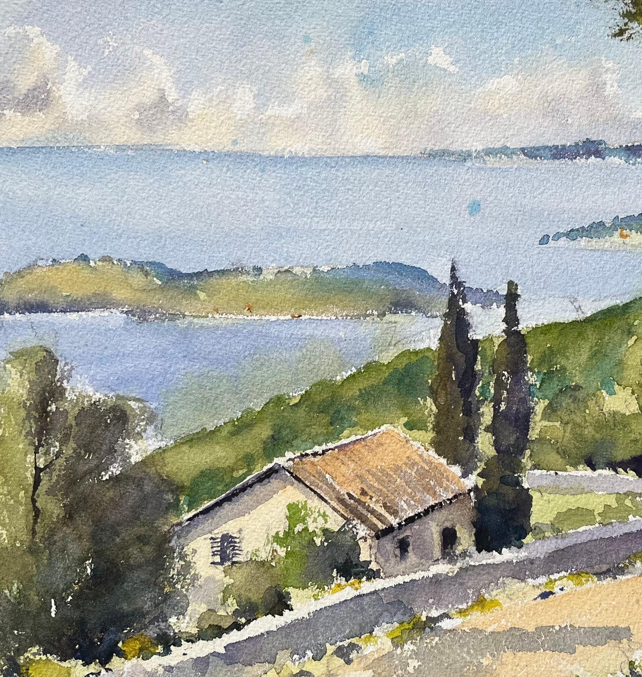 Aquarelle impressionniste britannique d'une colline côtière avec vue sur la Méditerranée en vente 2
