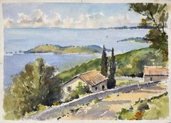 Aquarelle impressionniste britannique d'une colline côtière avec vue sur la Méditerranée