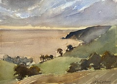 Britischer Impressionist Aquarell von Küstenlandschaft von Rolling Hills bei Sonnenuntergang