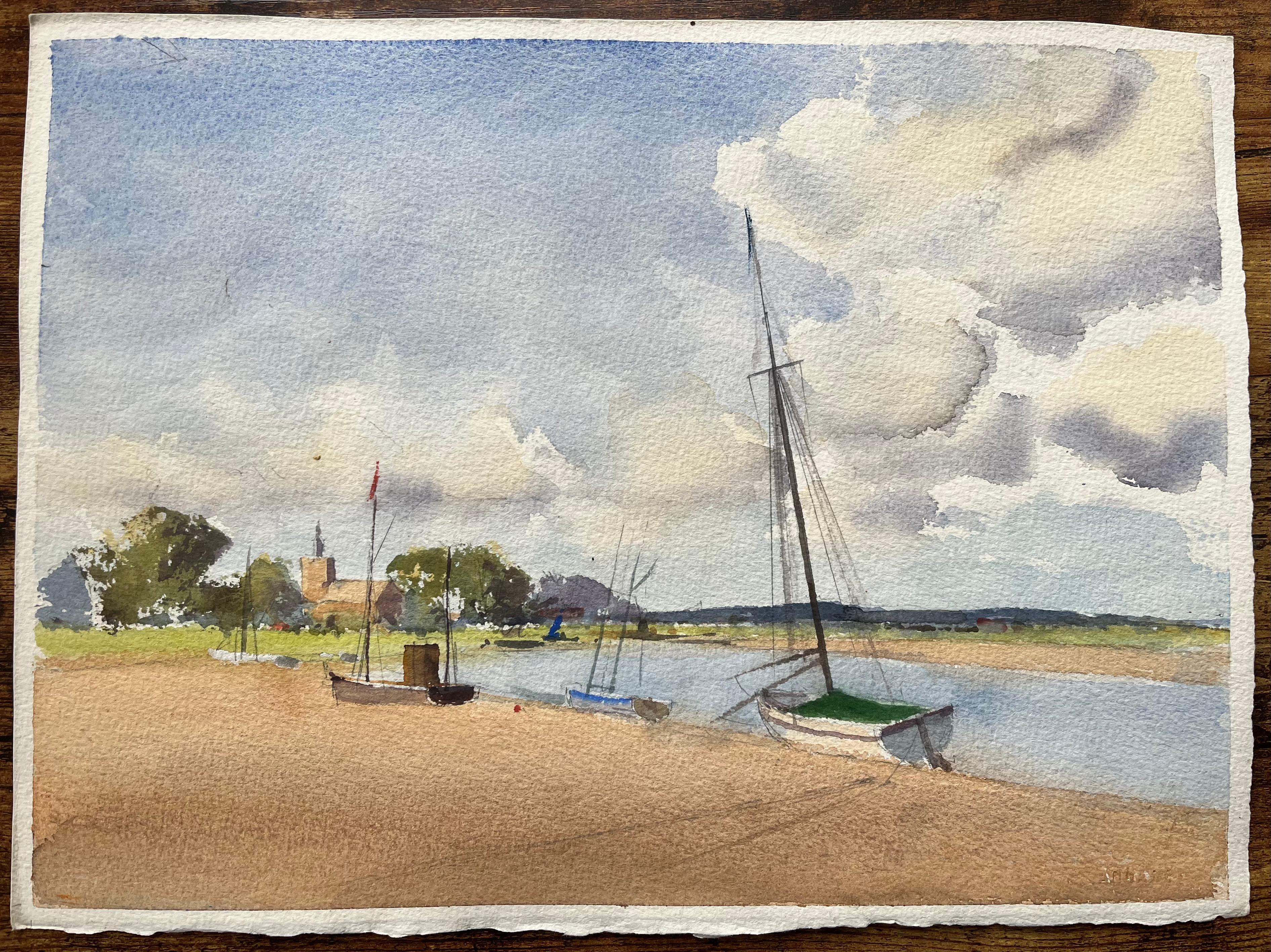 Britischer Impressionist Aquarell von Küstenlandschaft mit Booten und Church's – Painting von Anthony Avery