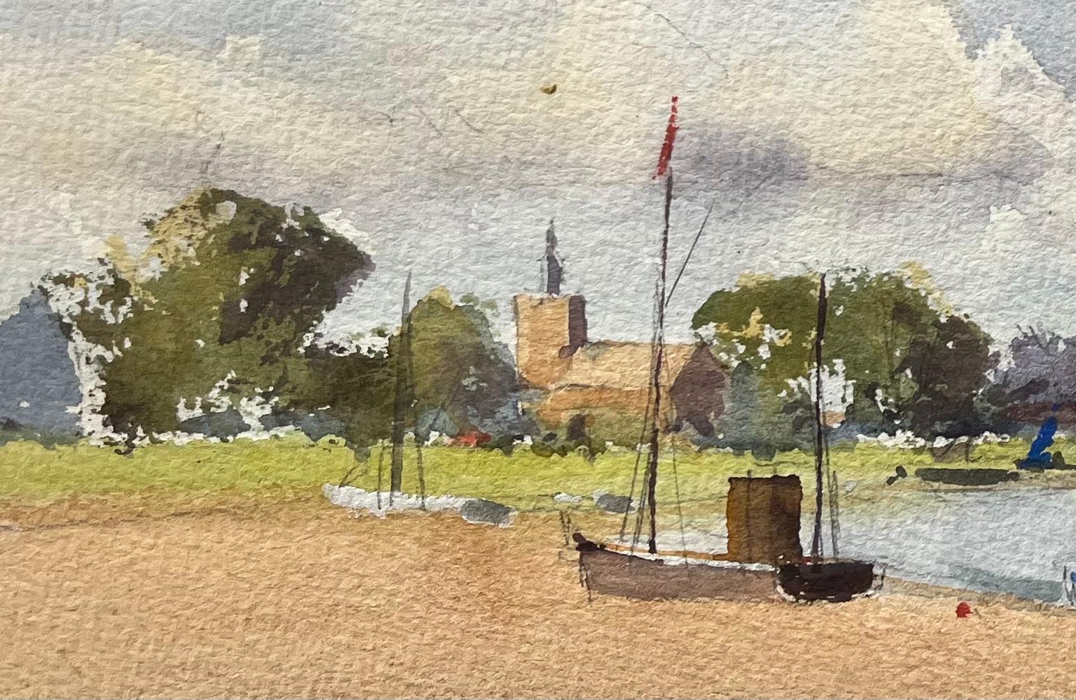 Titel: Britischer Impressionist - Aquarell einer Küstenlandschaft mit Booten und Church's
von Anthony Avery (Brite 1946-2023)
Original-Aquarell auf Künstlerpapier, ungerahmt
Abmessungen: 11,25 x 15,25 Zoll (Höhe x Breite)
Zustand: Gut 
Provenienz: