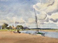 Britischer Impressionist Aquarell von Küstenlandschaft mit Booten und Church's