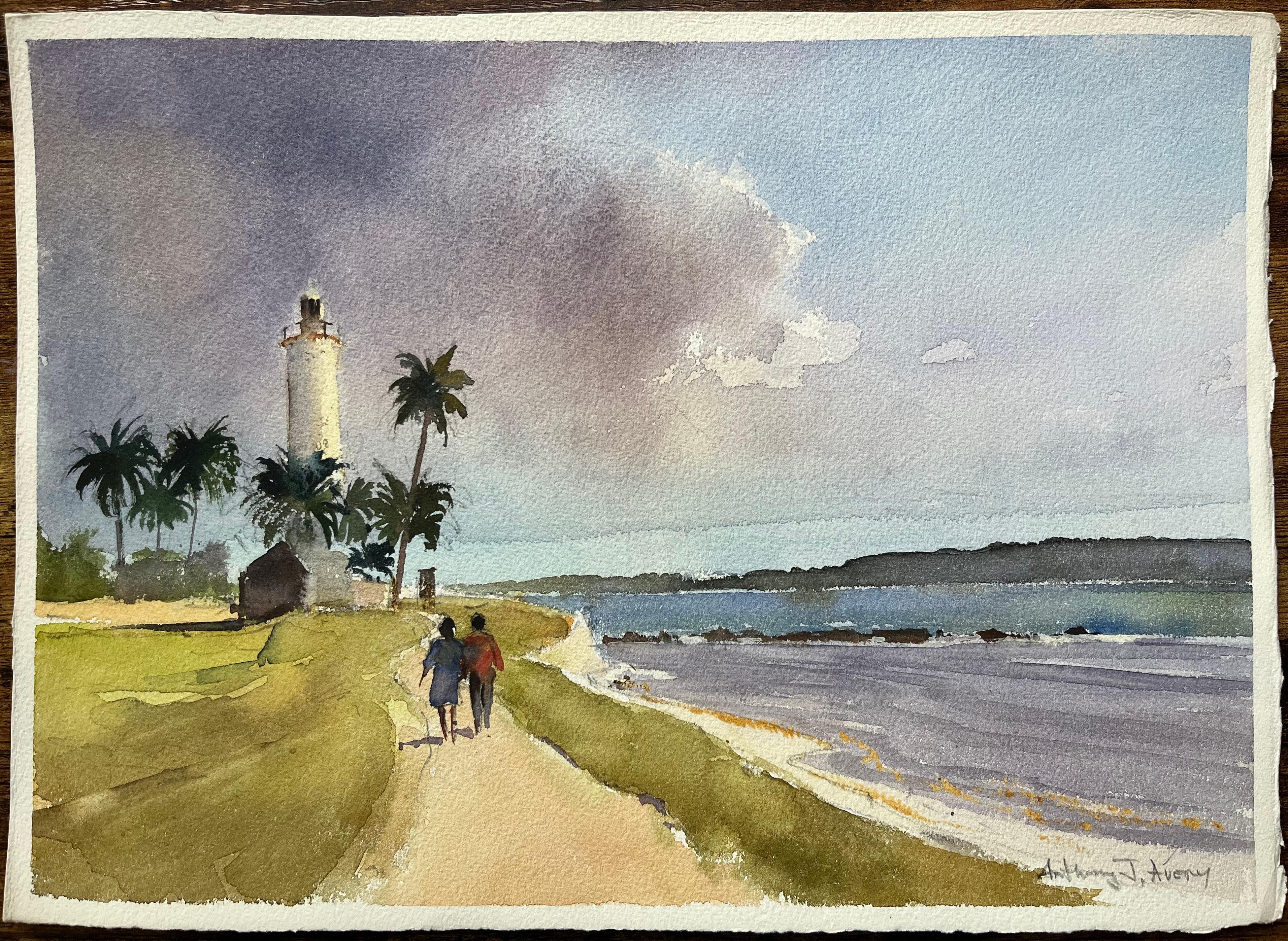 Acuarela impresionista británica de faro costero con palmeras - Painting de Anthony Avery