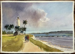 Acuarela impresionista británica de faro costero con palmeras