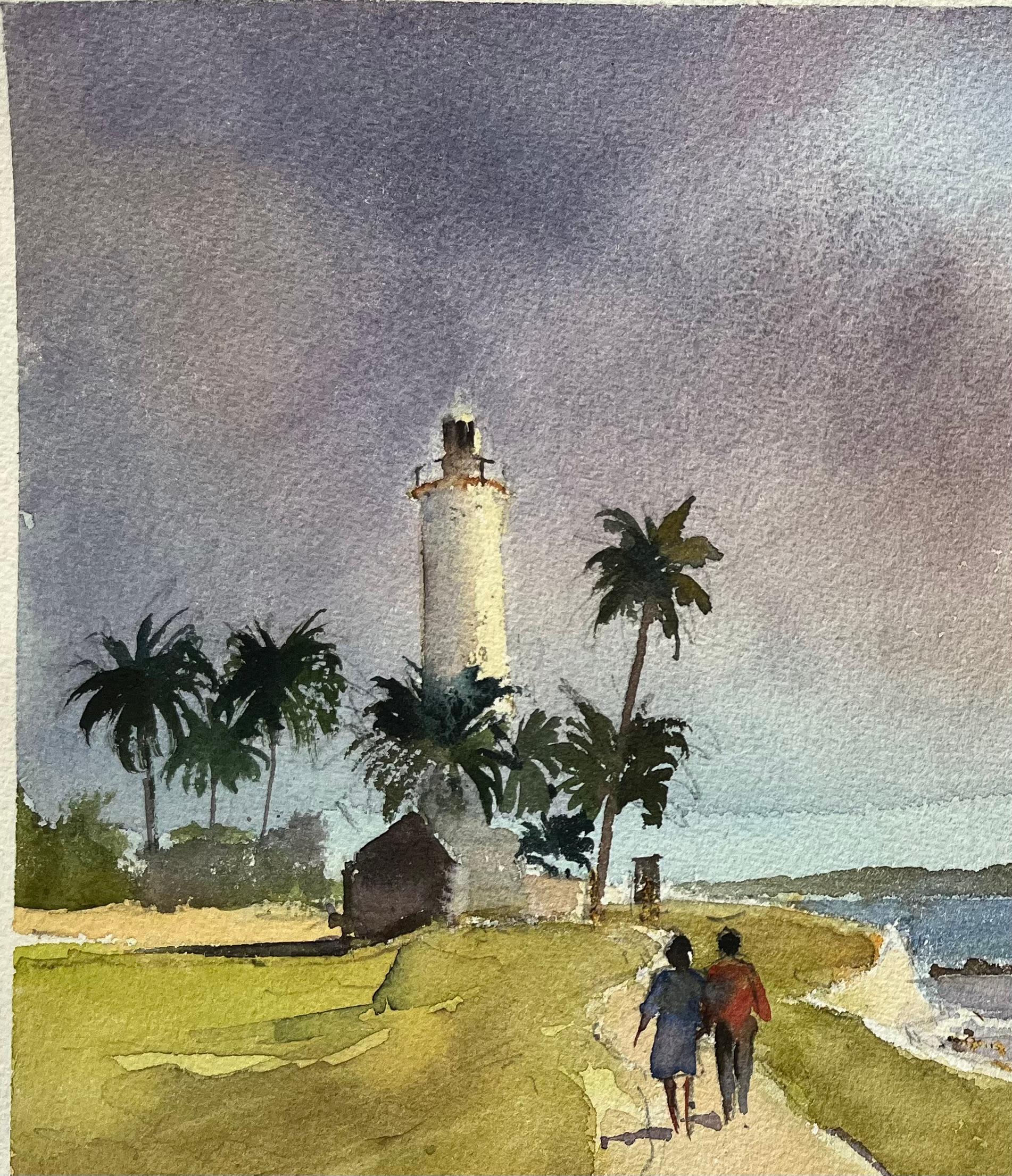 Acuarela impresionista británica de faro costero con palmeras - Painting Impresionista de Anthony Avery